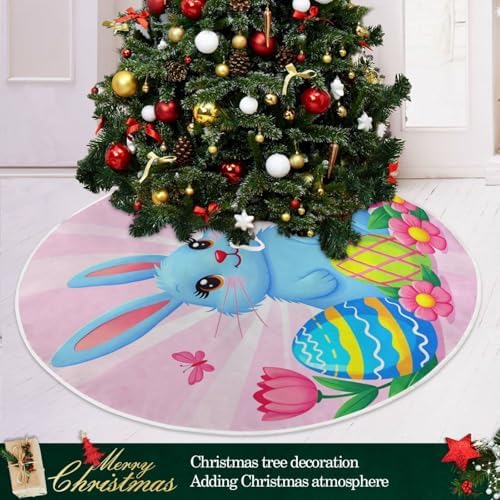 Blue Bunny Easter Eggs Christmas Tree Skirt 47.2 Inches Pink Flowers Butterflies Rabbit Xmas Tree Skirts Floor Door Mat Decorations for Holiday Party Indoor Outdoor Home Office Christmas Day Ornaments