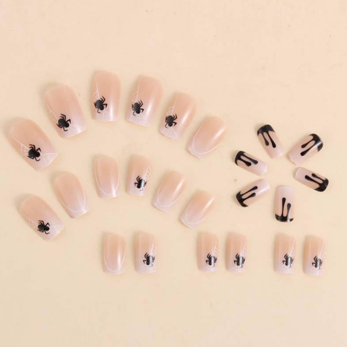 Halloween Square Press on Nails Medium Nude Fake Nails with Spider Web Designs Halloween Glue on Nails Spider Nails Press ons French False Nail for Women DIY Manicure Decorations 24Pcs