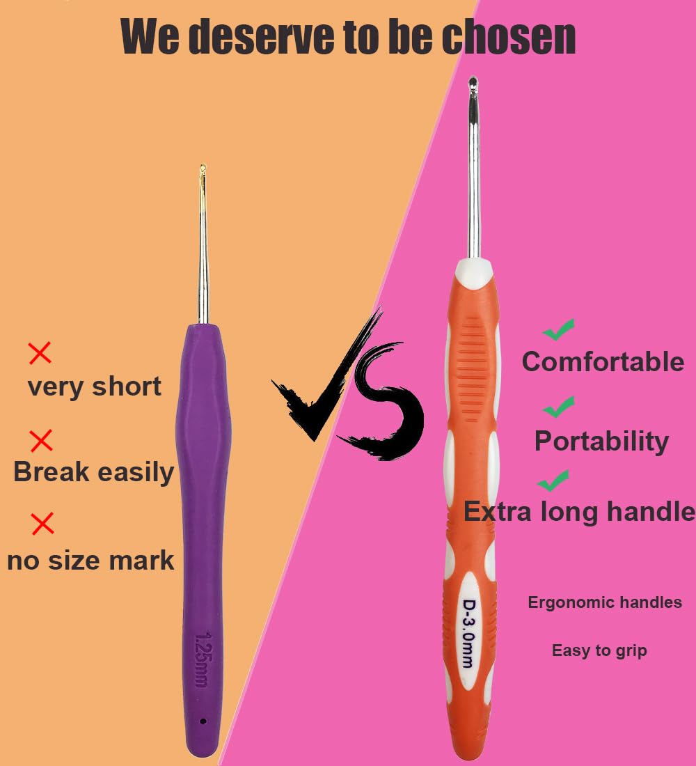 Latest Set of 27 PCS Ergonomic Crochet Hooks Set with Case Extra Long Soft Grip Handles Crochet Hook Needles for Arthritic Hands,Standard US Size B(2MM)-J(6MM)