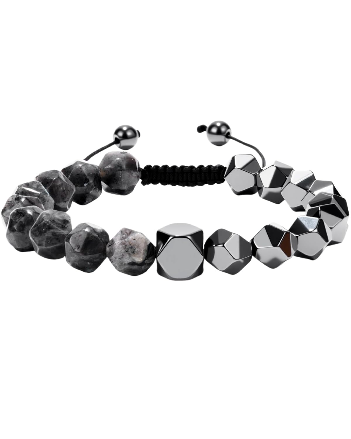 Beaded Bracelet for Men, 10mm Natural Stones Bracelet for Men's Gift, Adjustable Precision-Cut Gemstone Crystal Healing Bracelet, Protection Jewelry Gift with Hematite, Tiger Eye (Black Labradorite & Hematite)