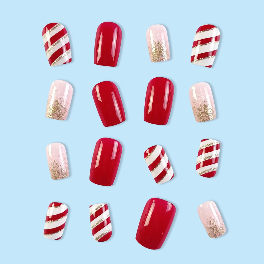 Christmas Press on Nails Gold Medium Square Fake Nails White Snowflake Full Cover Red Candy Christmas Nails Glossy False Nail Artificial Acrylic Nail for Women Girls 24 Pcs