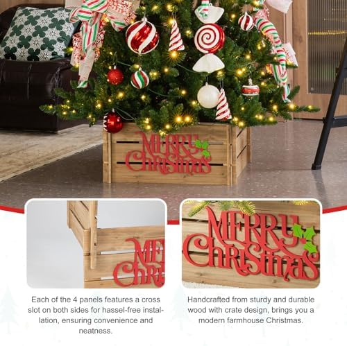 Glitzhome 24" L Christmas Tree Collar, Natural Wooden Merry Christmas Solid Wood Crate Tree Base Cover Farmhouse Tree Collar Christmas Tree Skirt for Artificial Trees