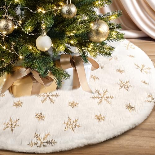 30" White Plush Faux Fur Christmas Tree Skirt with Gold Sequin Snowflakes