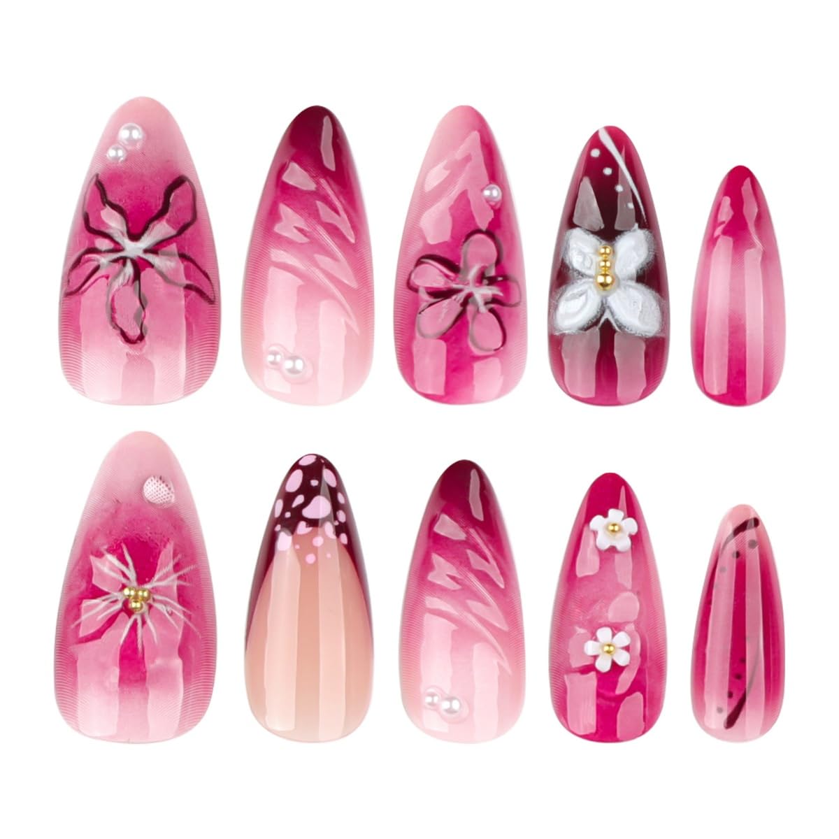 Flowers Press on Nails Medium Almond Fake Nails with Glue Pink Gradient Flower Butterfly Design Acrylic Nails for Women DIY Manicure Decoration 24PCS