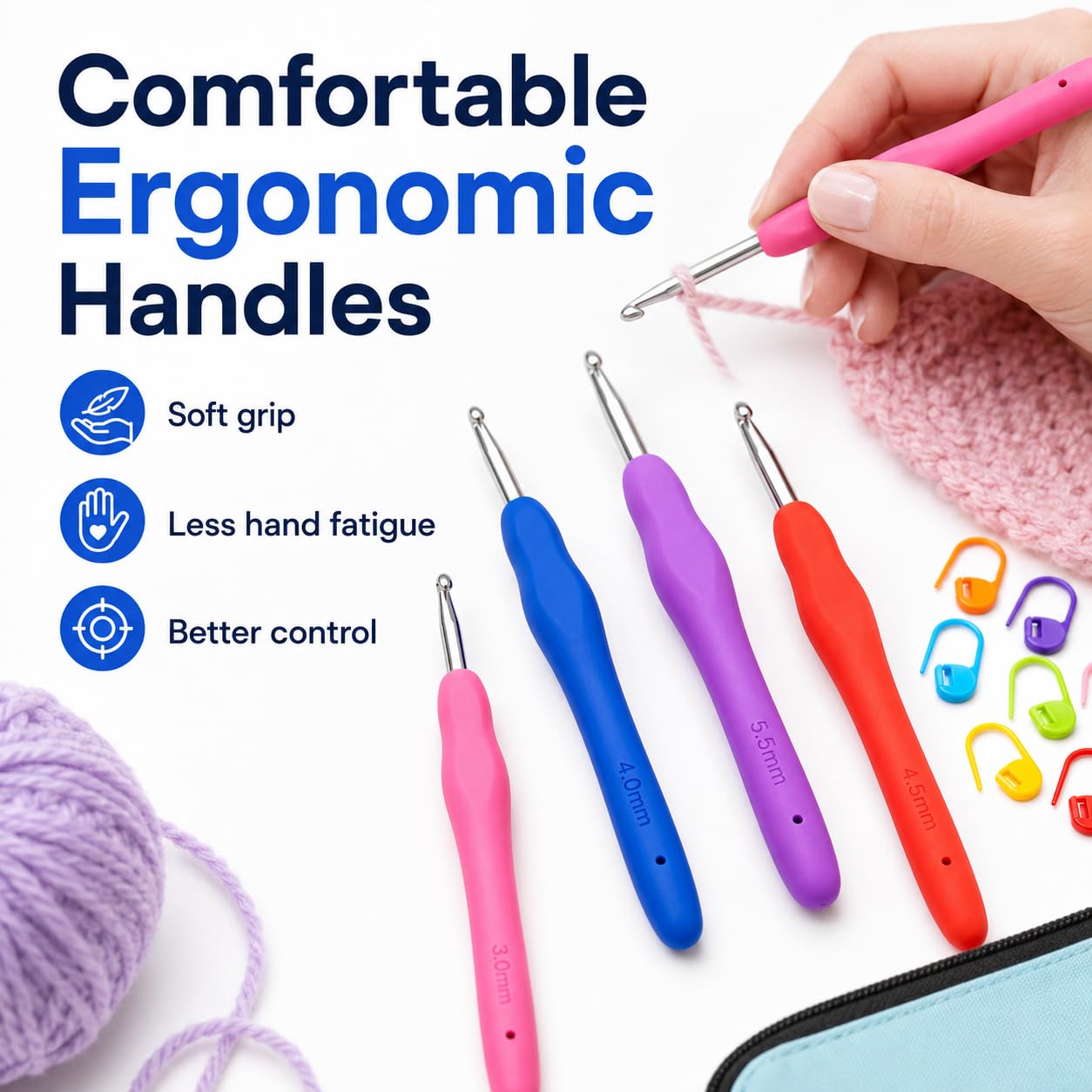 Crochet Hooks 12 Sizes Crochet Hook Set, 50 Pack Yarn Crochet Kit for Beginners, Knitting Needles with Ergonomic Handles for Arthritic Hands, Crochet Needle Kit with Blue Case for Crocheters