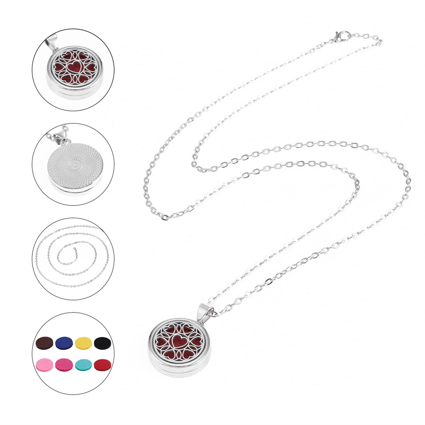 YWLI Essential Oil Diffuser Necklace Aromatherapy Locket Heart Pendant Necklace Stainless Steel Necklace Pendant with 10 Pcs Refill Pads