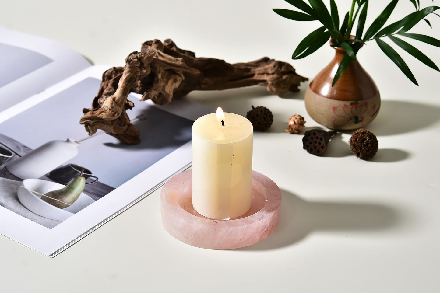 AMOYSTONE Rose Quartz Candle Holder (Pink) Large 4" Round Plate with Dual Use as Coaster & Charger for Jewelry - Natural Crystal Candle Tray for Bedroom, Bathroom, Wedding Decor