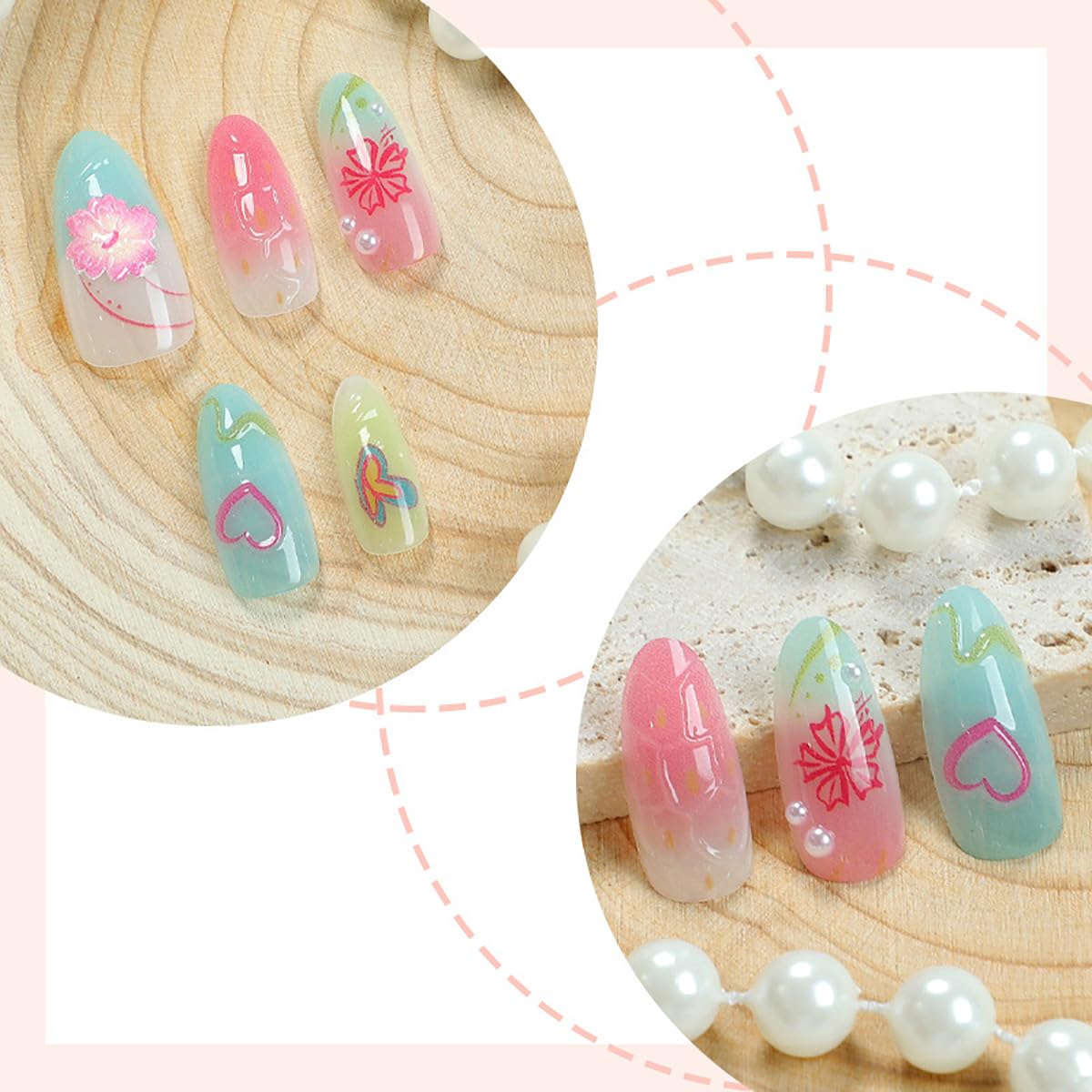 30Pcs Cute Press on Nails Medium Almond Fake Nails Summer Press ons 3D Pearl Flower Glue on Nails Beach Starfish False Nails Lemon Butterfly Heart French Tip Nails Handmade Acrylic Nails Set for Women