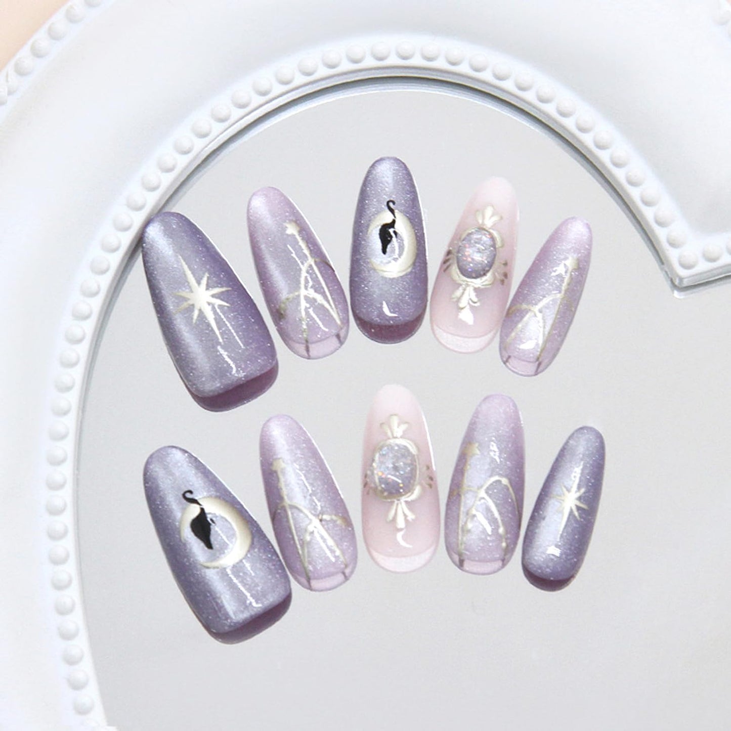 30Pcs Medium Almond Press on Nails Purple Magnetic Shimmer Designs Fake Nails Gold Star Moon False Nails Gold Irregular Lines Artificial Stick on Nails Glossy Full Cover Acrylic Glue on Nail for Women