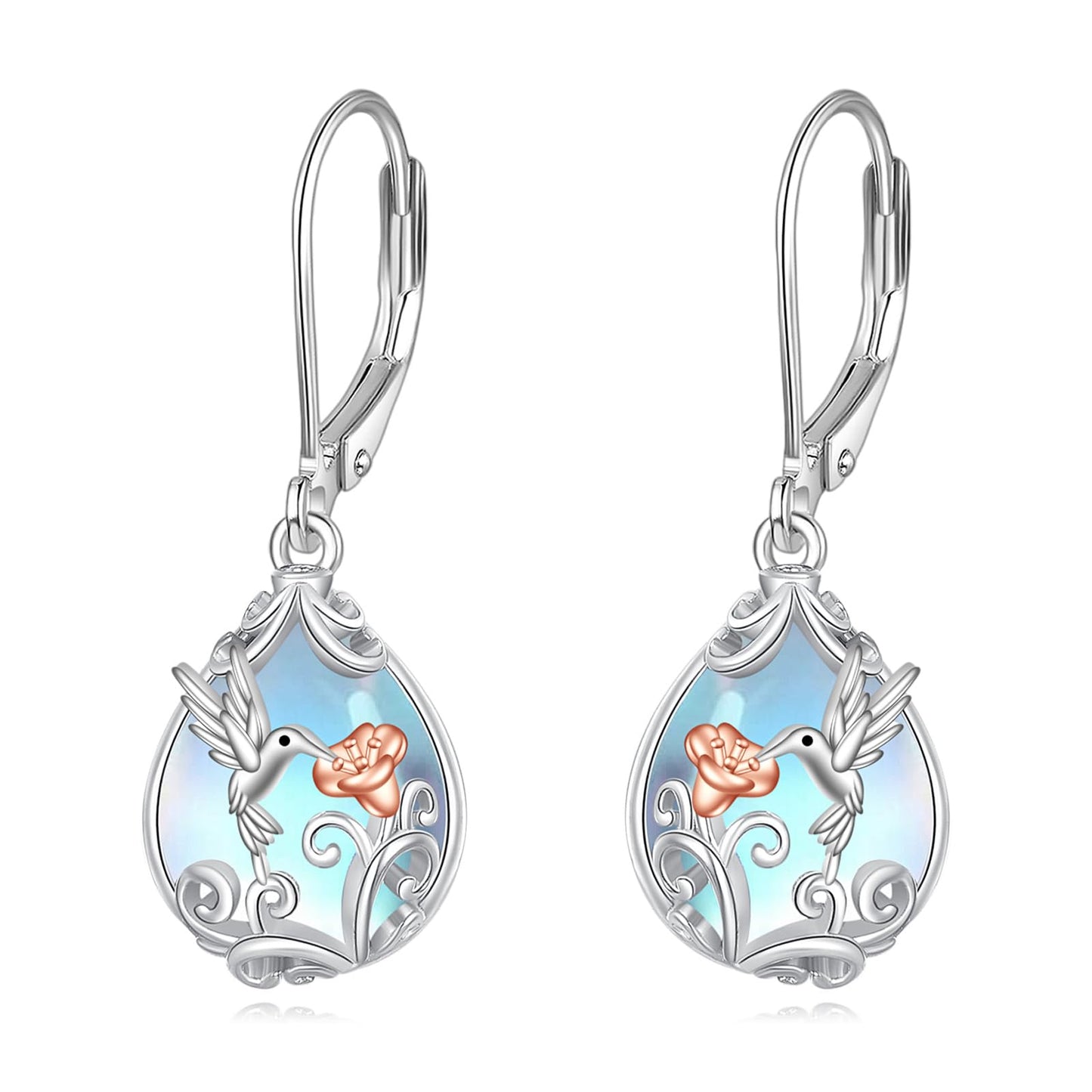 POPLYKE Moonstone Hummingbird Teardrop Drop Dangle Earrings Sterling Silver Leverback Earrings Moonstone Jewelry Gifts for Women