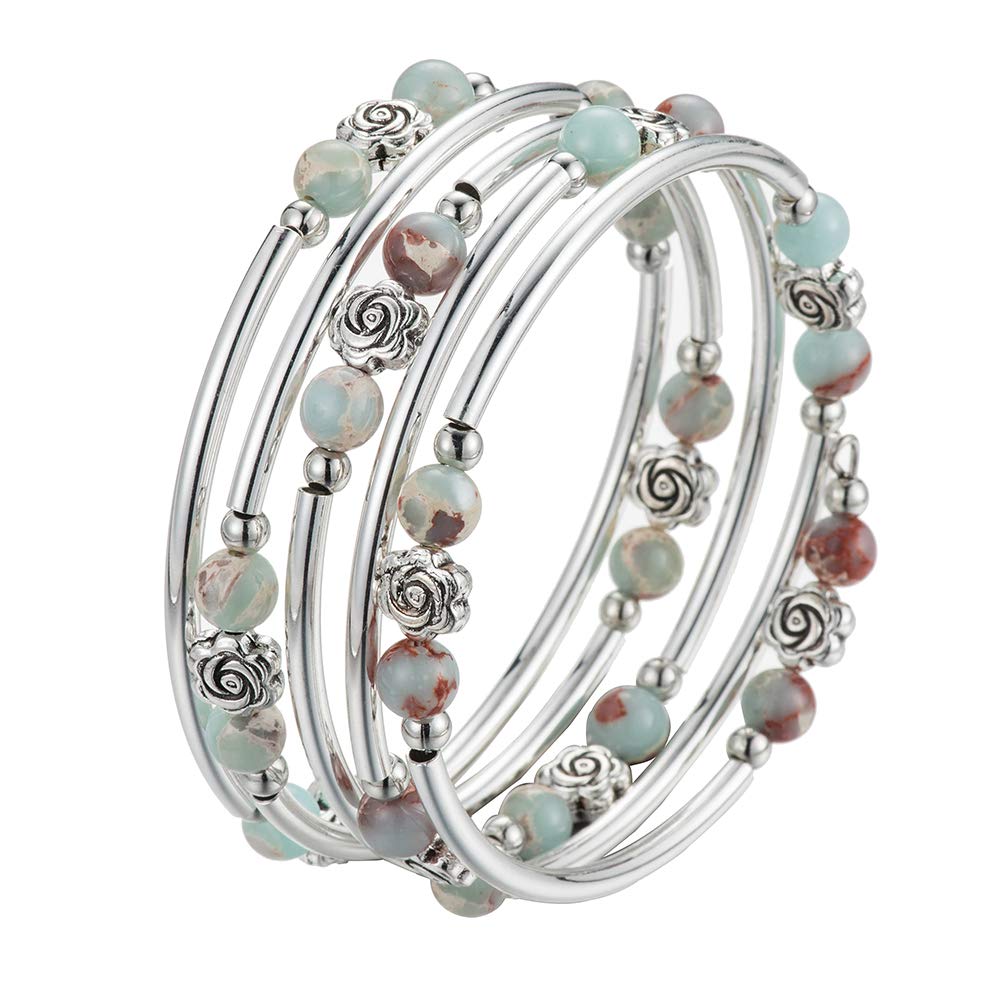 BULINLIN Wrap Bangle Rose Bead Bracelet - Beaded Bracelet with Natural Agate Stone Gifts For Women(01-Green)