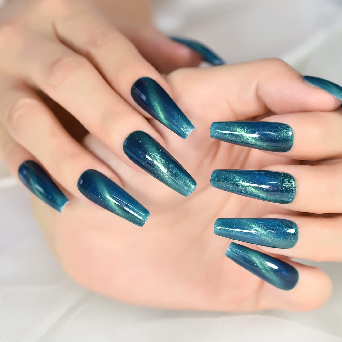 ELEVENAIL Press On Nails Glossy Super Long Coffin Gel Stick On Fake Nails Salon DIY Acrylic Manicure Reusable Dark Blue Cat Eye False Acrylic Nail Art Tips