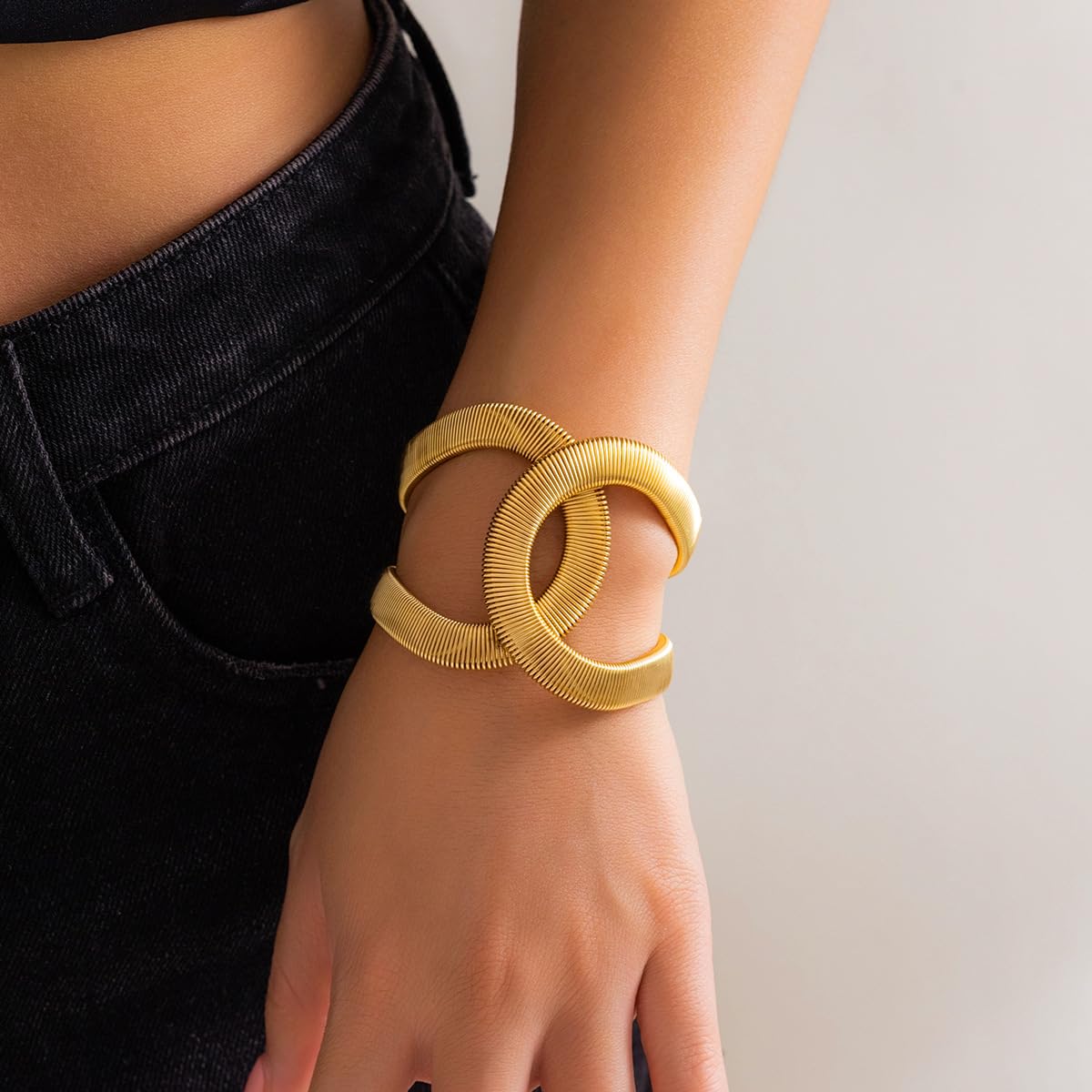 MOEEIJEW Chunky Cuff Bracelets for Women Wide Gold Cuffs Bangle Hollow Out Adjustable Bracelets Punk Vintage Jewelry (Gold B)