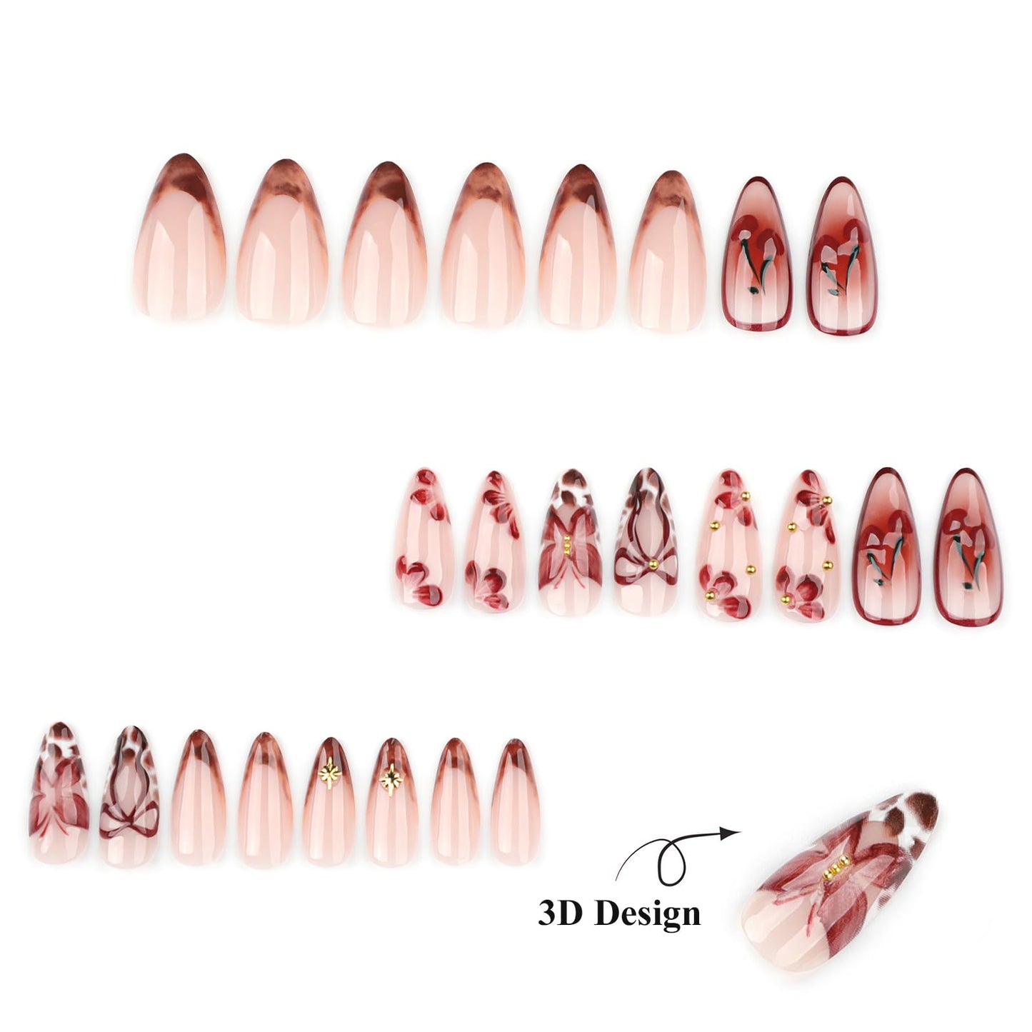 MISUD Press on Nails - Medium Almond Glue on Nails with Fall Brown, Acrylic Autumn Flower Design 24 pcs