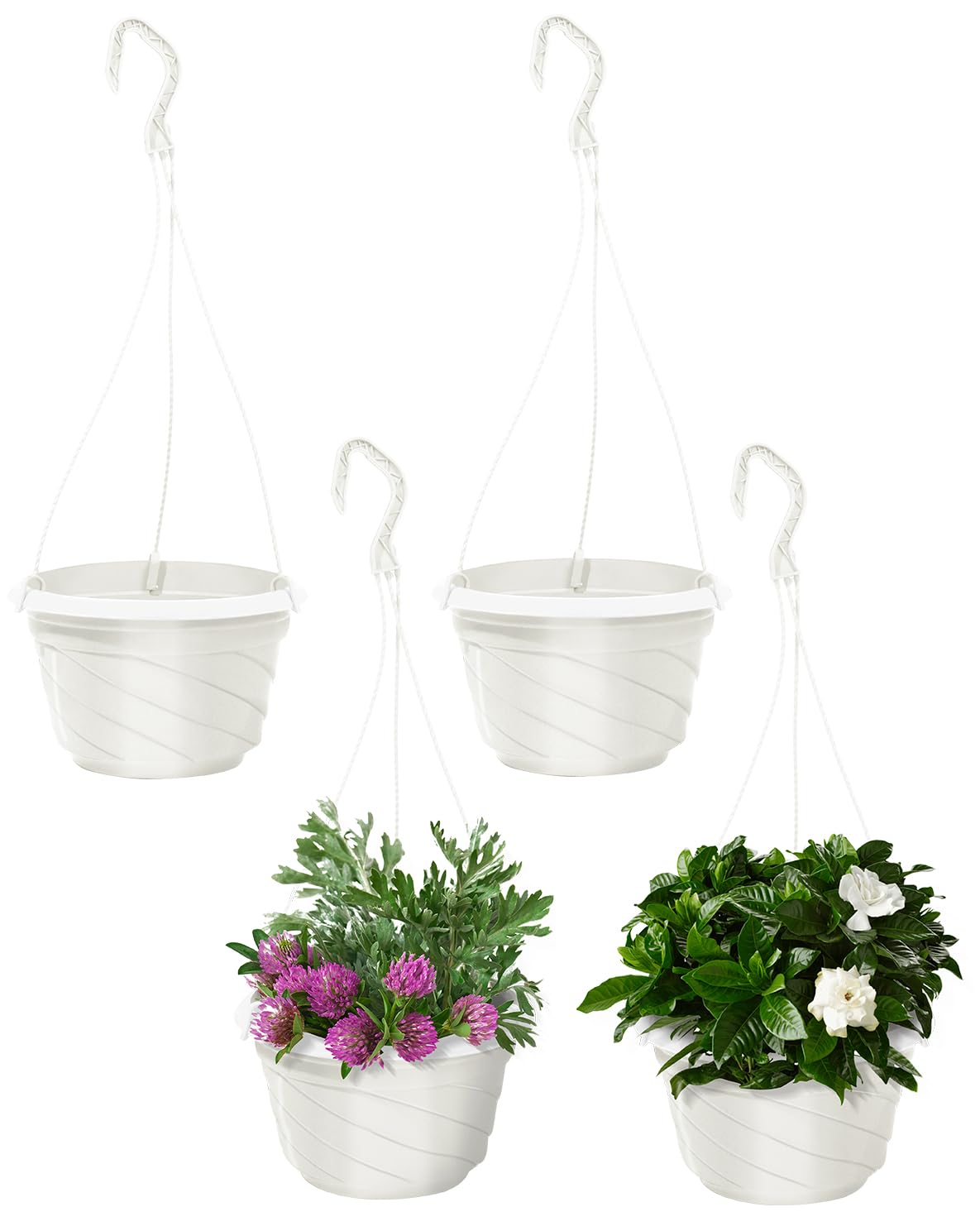 Liobelon 6inch Hanging Planters for Outdoor Plants, 4 Pack Plastic Hanging Flower Pots for Garden Porch Plants (Beige White)