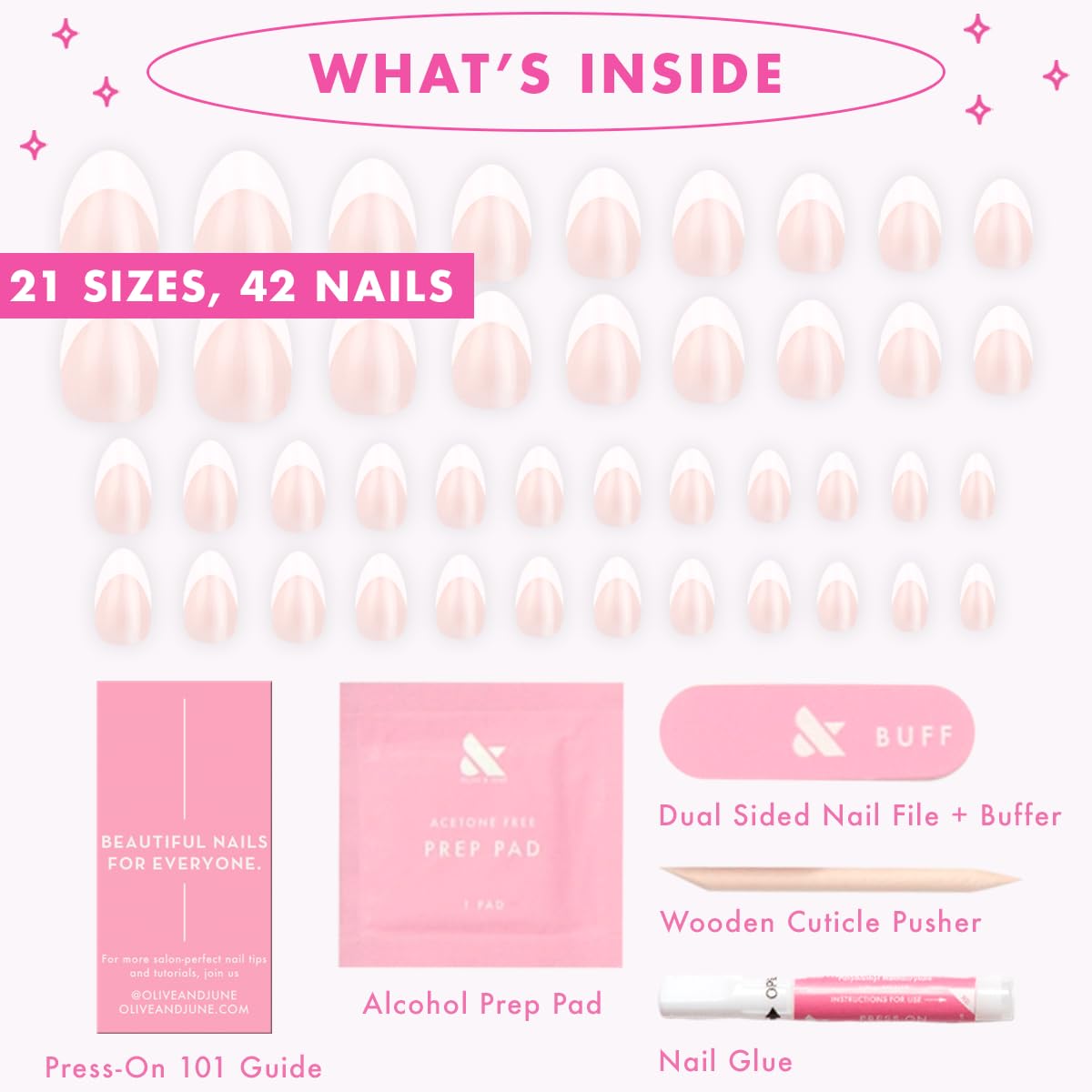 Olive & June Instant Mani Press-On Nails (Glue) | 42 Fake Nails, 21 Sizes | Non-Toxic, Long-Lasting Recycled Materials Realistic Look | Salon-Quality at Home | Medium, Almond | Iconic French