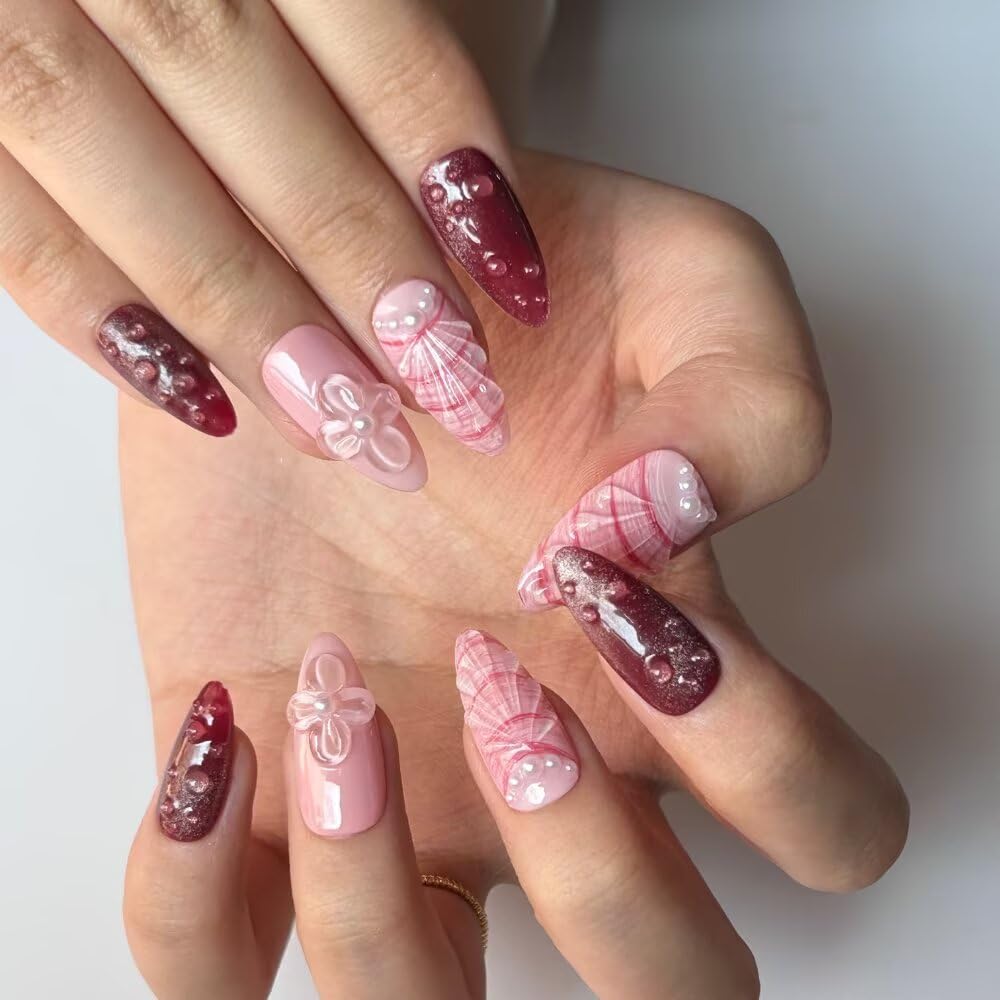 10 Pcs Press on Nails Medium Almond Fake Nails, 3D Pink Shell Design Full Cover Stick on Nails, Handmade Artificial Acrylic Nails with Nails File Set (Size M)