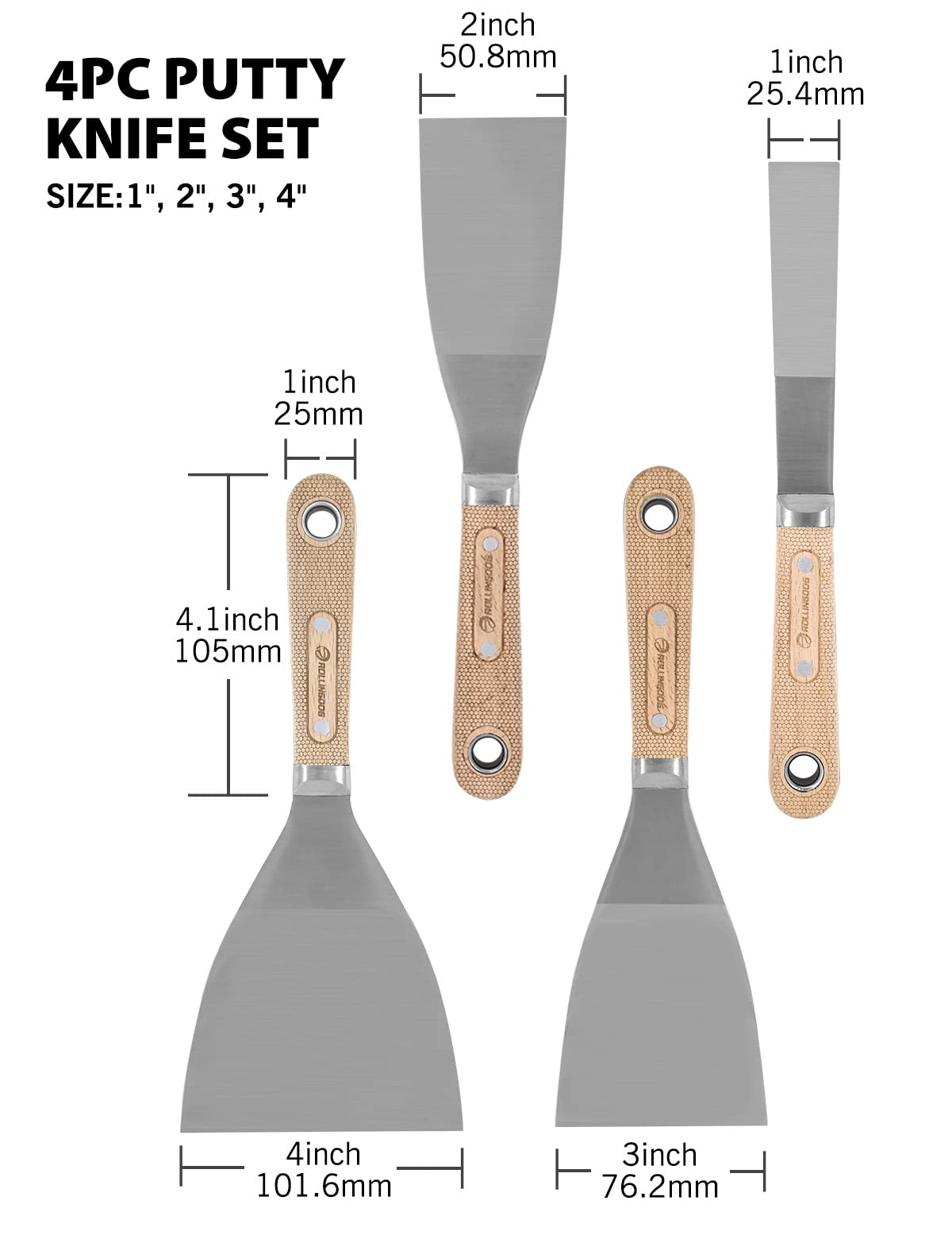 ROLLINGDOG 4PC Putty Knife Scrapers - Stainless Steel Spackle Knife Set with Laser Engraved Wood Handle for Scrapering,Drywall Repairs and Spreading(1",2",3",4")