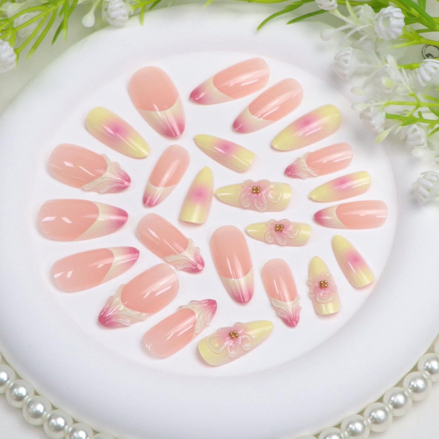 Press on Nails Almond Medium Yellow Pink Fake Nails with 3D Flower Gradient Designs French Tip Nails Press ons Acrylic Nail Glossy Glue on Nail Almond Stick on Nail for Women 24 Pcs