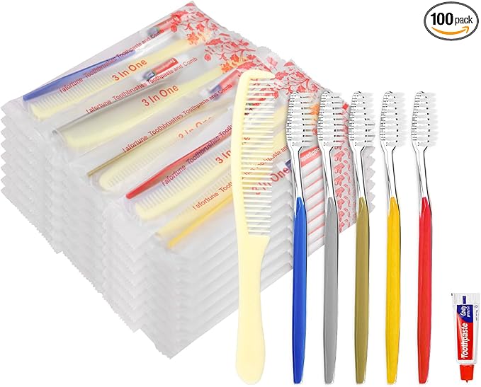 Disposable Toothbrushes with Toothpaste and Comb for Homeless Individually Wrapped-Suitable for Hotel,Air Bnb,Shelter/Homeless/Nursing Home/Charity (100PCS)
