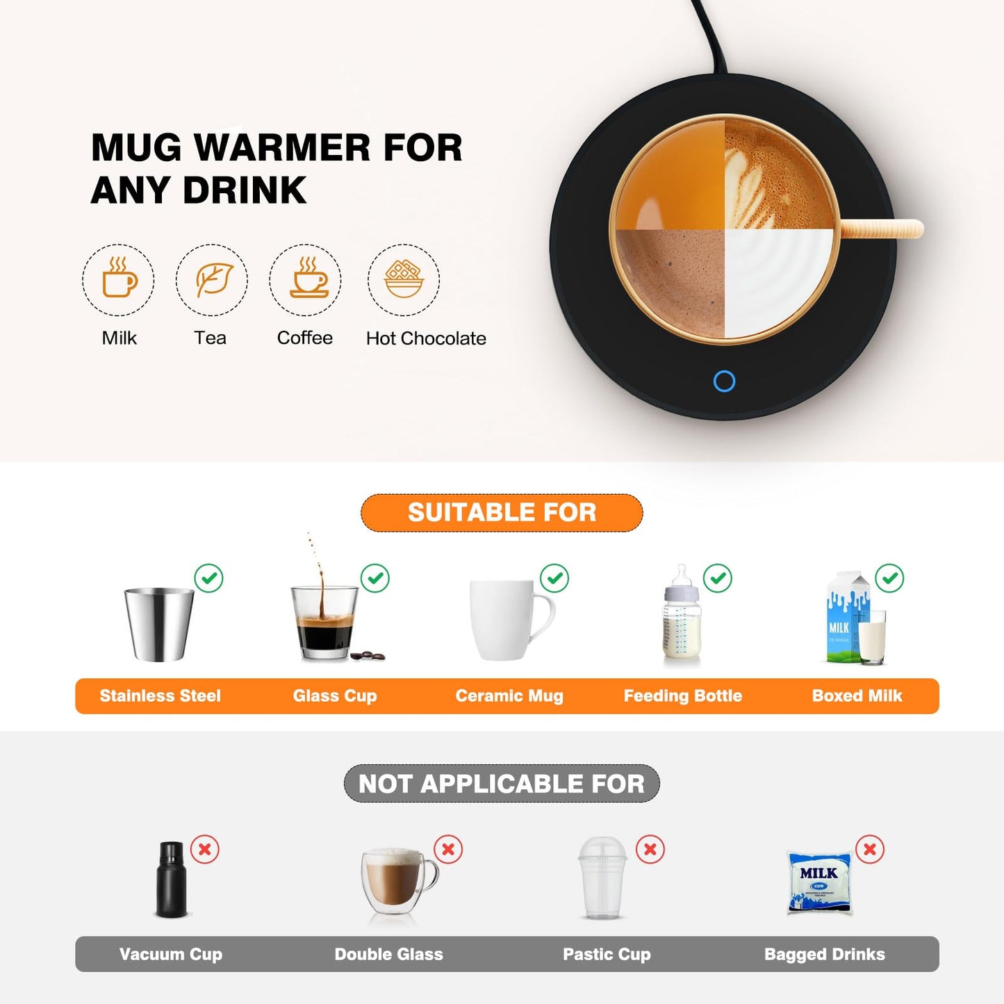 Lesipee Mug Warmer, Coffee Cup Warmer for Desk with Auto Shut Off, Candle Warmer, Electric Beverage Warmer Plate for Tea, Cocoa & Coffee, 2 Temperature Settings, for Office Home