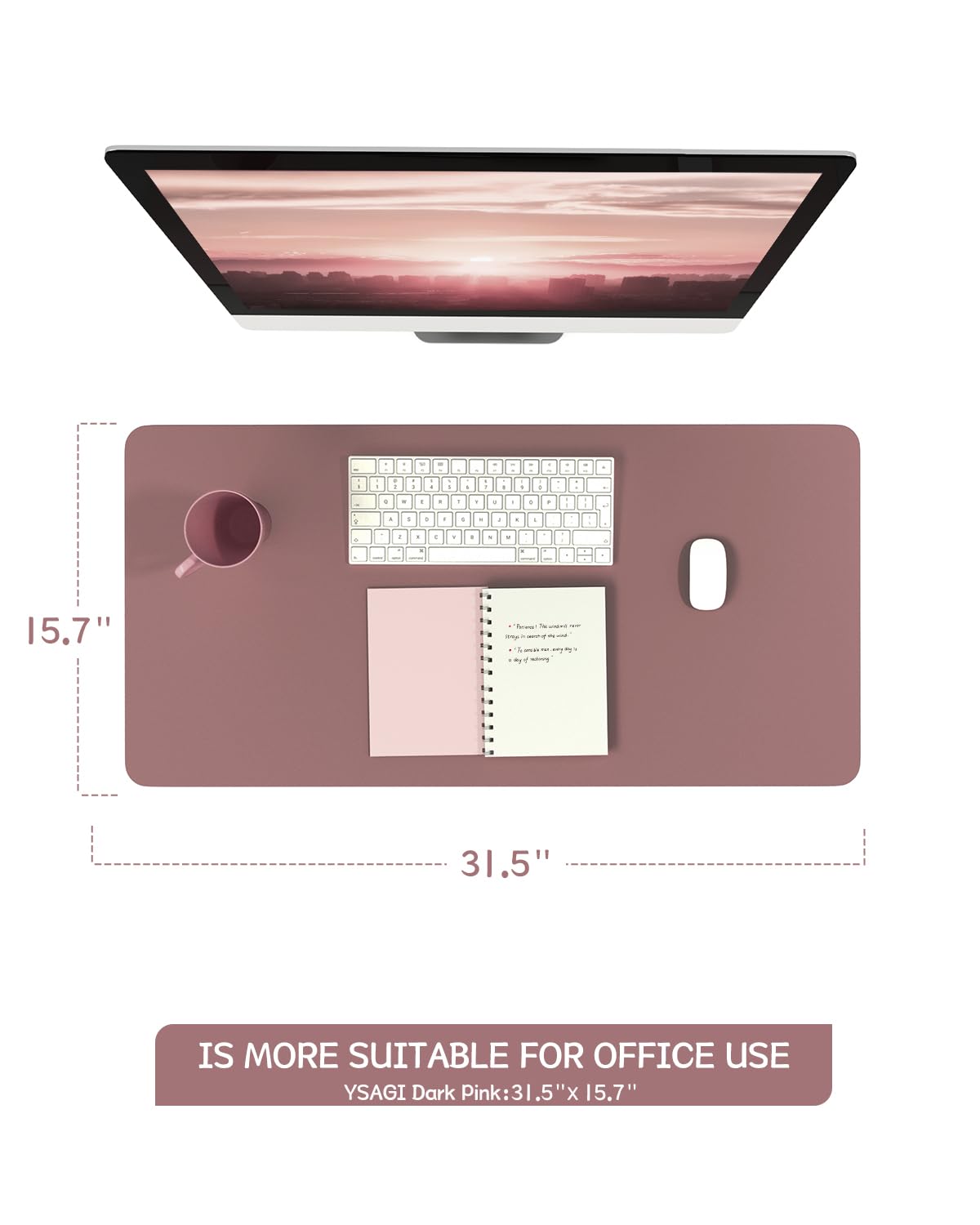 YSAGi Non-Slip Leather Desk Pad Blotter, Waterproof Laptop Computer Desk Keyboard Mat, Table Protector Mat, Large Mouse Pad for Office/Work/Home/Decor(Dark Pink, 31.5" x 15.7")