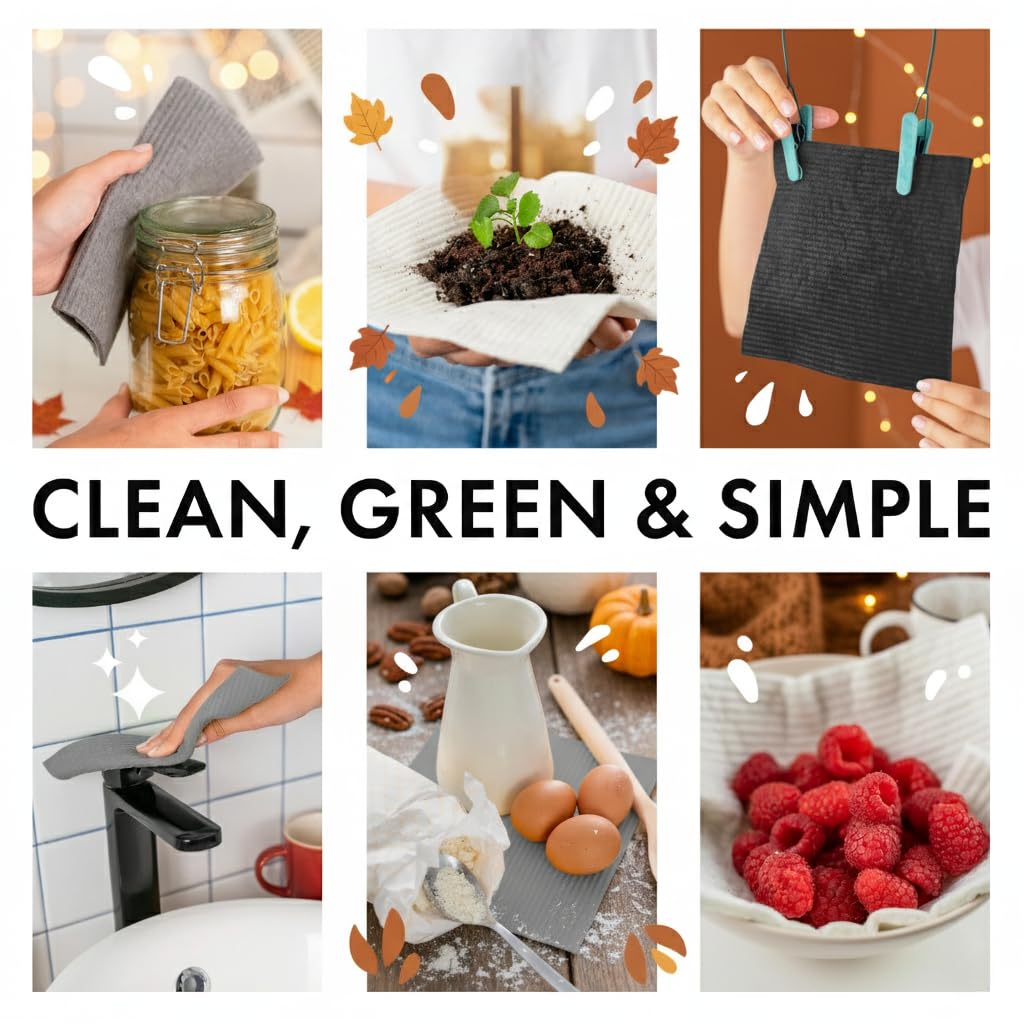 SUPERSCANDI 10 Pack Swedish Dishcloths for Kitchen - 100% Biodegradable & Compostable Reusable Paper Towels Washable, Food-Safe & Without Plastic - Dish Rags Suitable for Any Surface, Grey
