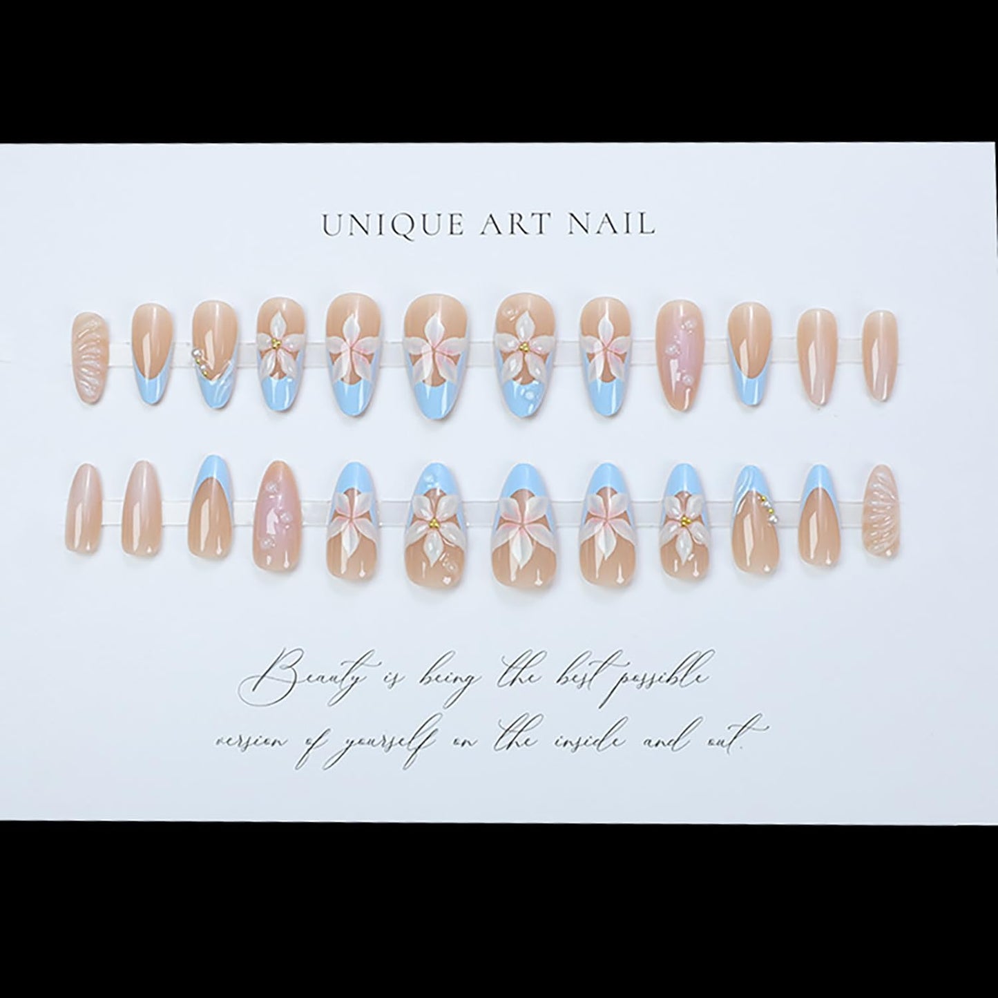 French Tip Press On Nails Almond Medium Fake Nails Press Ons Glossy With Flower Pearl Design Drip False Nails Full Cover Stick On Nails Artificial Glue On Nails For Women Nail Supplies