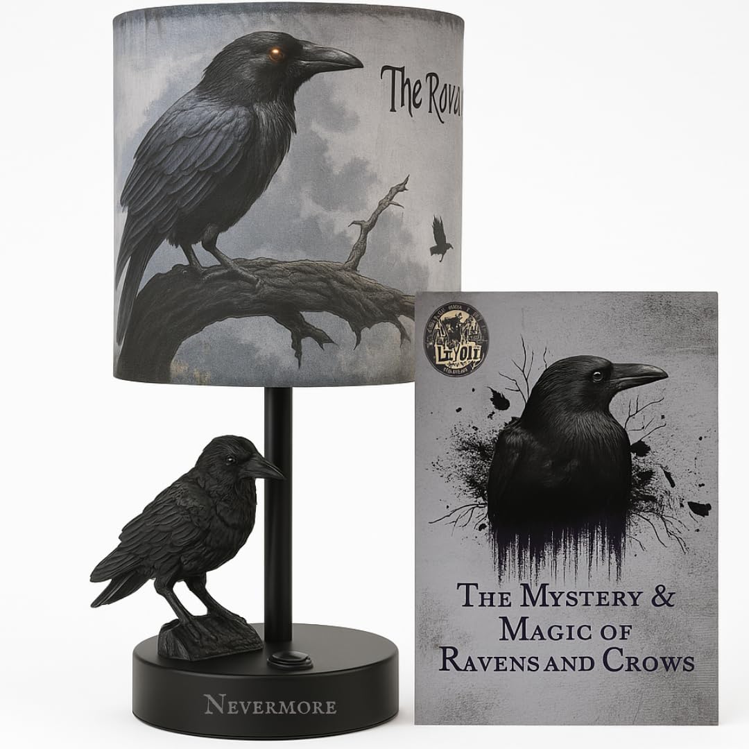 Raven and Crow Table Lamp - Valentines Goth Themed Gifts Lamp – Gothic Desk Lamp with LED Bulb – Nevermore Inspired Edgar Allan Poe Gift for Library or Bedroom - Dark Academia, Witchy, Viking Decor