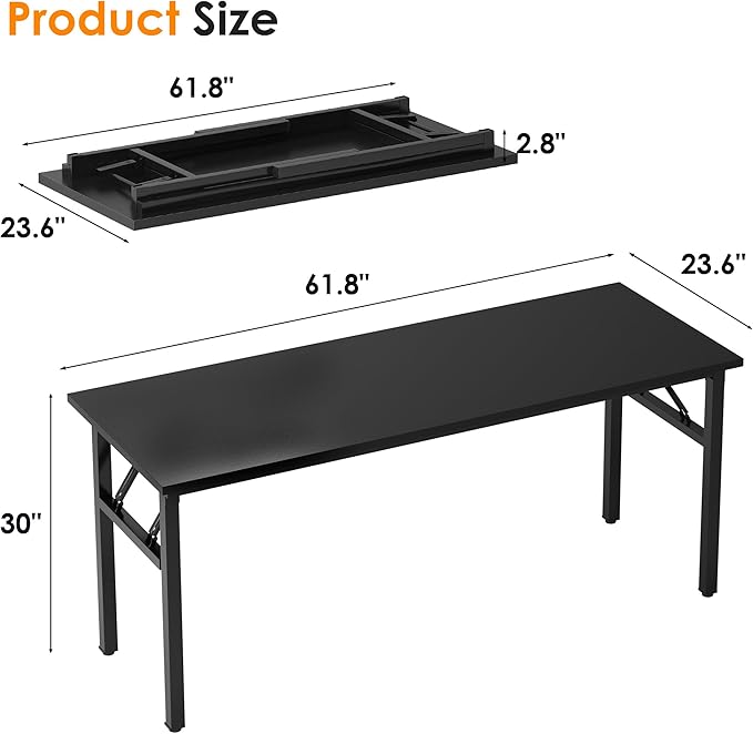 Need Computer Desk Office Desk 62 inches Folding Table with BIFMA Certification Computer Table Dining Table No Install Needed, Black