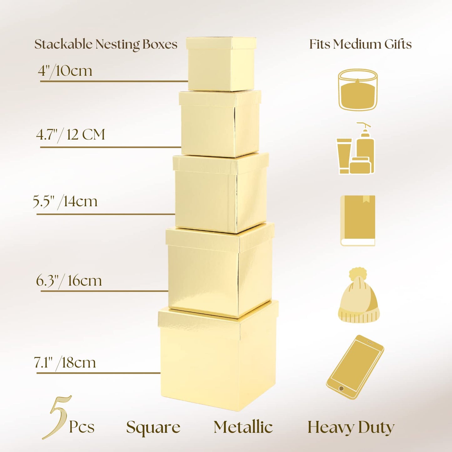UNIQOOO 5PCS Metallic Gold Nesting Gift Boxes Set, Square Cardboard Storage Organizer Keepsake Box with Lid Durable Reusable, for Gift Wrapping Holiday Presents Christmas Birthday, Assorted Size