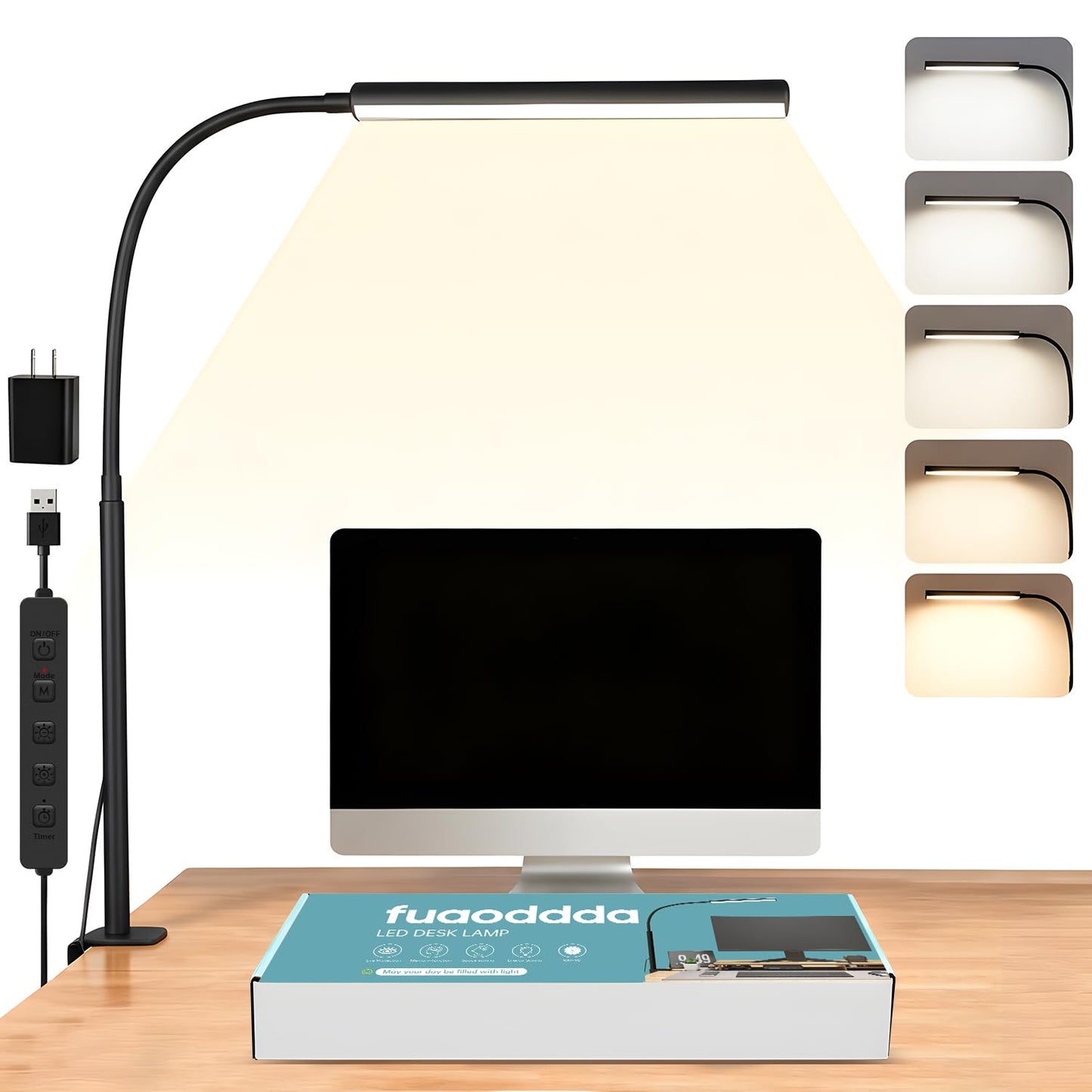 fuaoddda Small LED Desk Lamp with Clamp,Eye-Caring Clip on Lamp for Desk, 5 Modes 10 Brightness, Flexible Gooseneck USB Adapter Table Lamps for Home Office, Sewing（Black）
