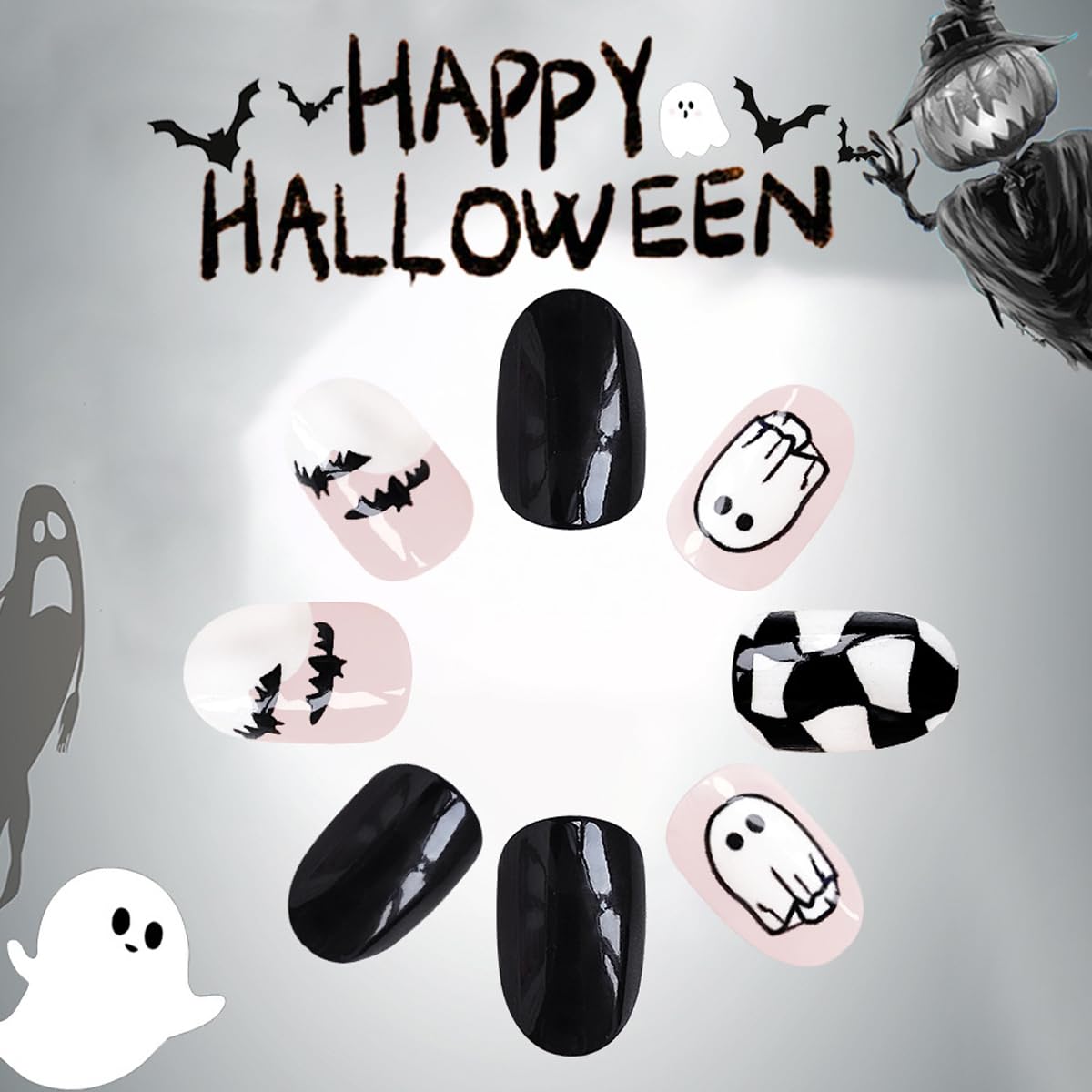Halloween Press on Nails Short Oval Fake Nails Black White False Nails Press ons with Ghost,Bat Design Reusable Artificial Nail Full Cover Glossy Glue on Nail Stick on Nails for Women Manicure 24 Pcs
