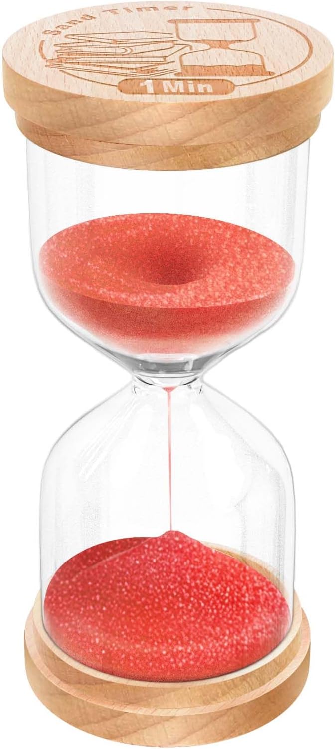 1 Minute Sand Timer, Wooden Hourglass Sand Clock, Small Beech Wood Red 1 Min Hour Glass, One Minutes Sandglass for Brushing Teeth, Reloj De Arena, Classroom, Game, Kitchen, Home, Office