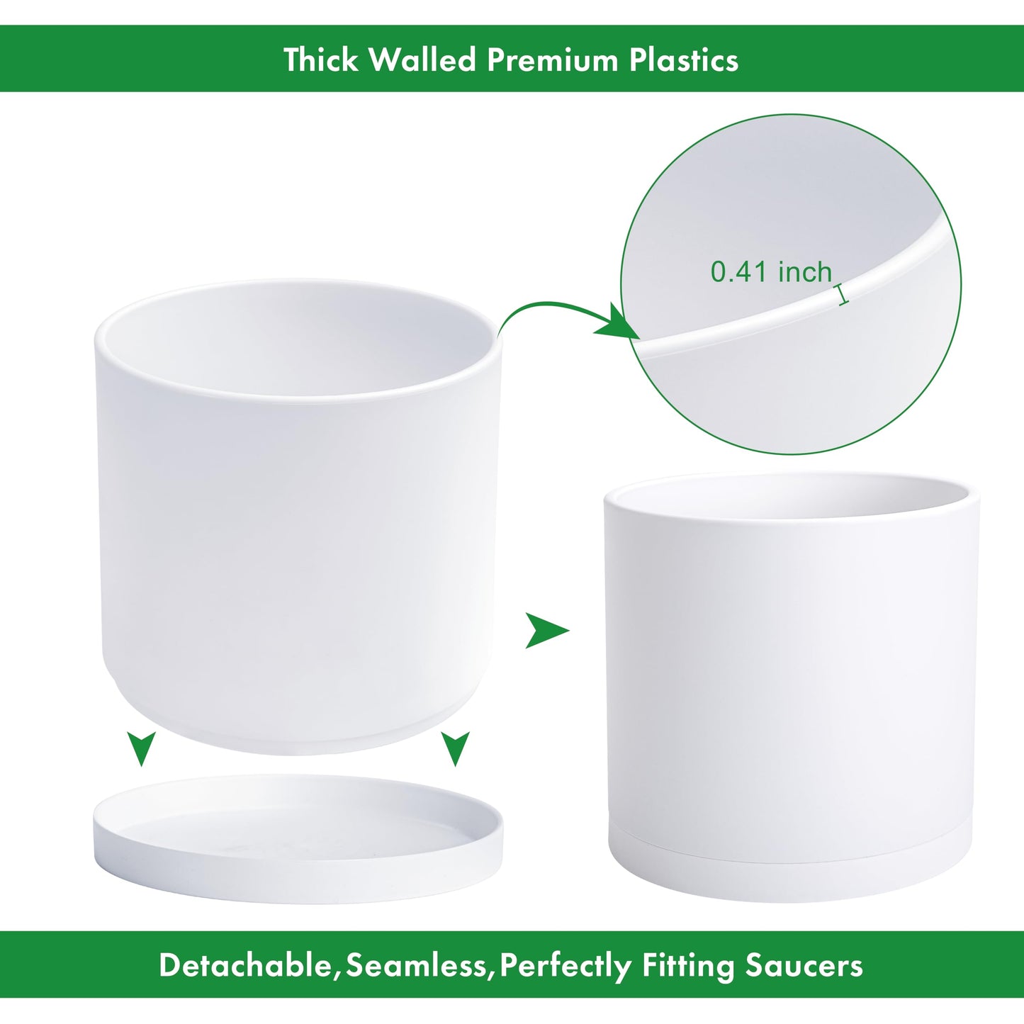 D'vine Dev 14 Inch White Plastic Planter Pots for Plant Pot with Drainage Hole and Seamless Saucers, 74-X-A-4