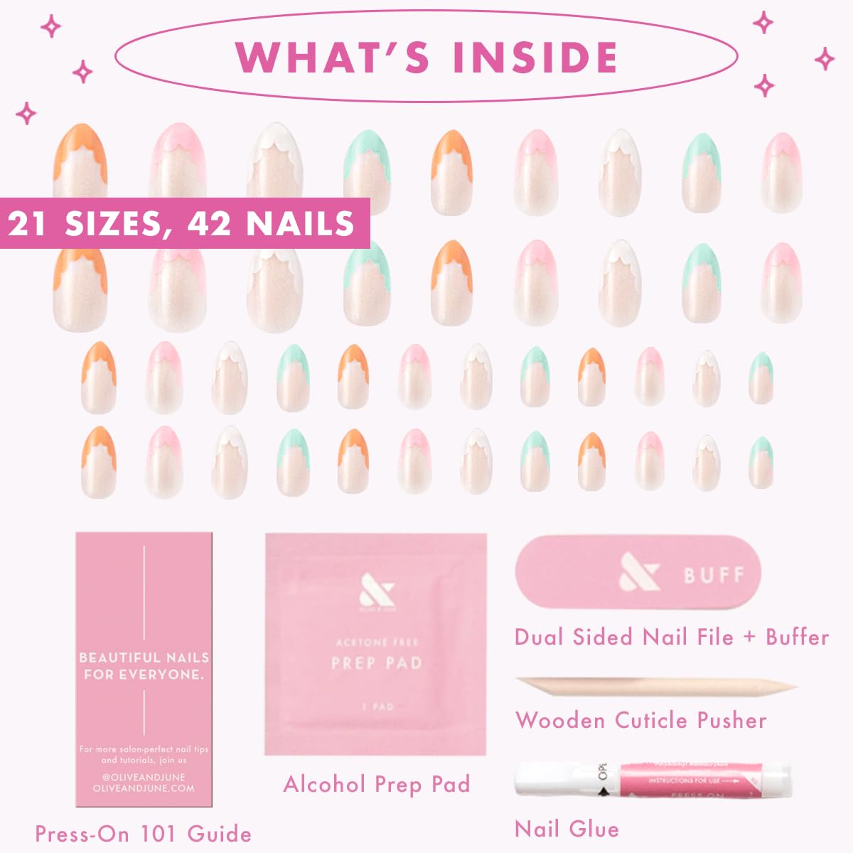 Olive & June Maximalist Instant Mani Press-On Nails (Glue) | 42 Fake Nails, 21 Sizes | Non-Toxic, Long-Lasting Big, Bold Gorgeous Realistic Look | Salon-Quality | Medium, Almond | Scalloped French