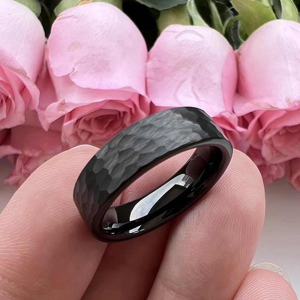 TUTISS 6mm Black Hammered Tungsten Rings for Men Women Fashion Engagement Wedding Bands Pipe Cut Matte Finish Comfort Fit Size 10