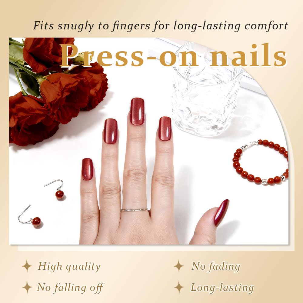Red Cat Eye Press on Nails Medium Square, Medium Square Press Stick on Nails Chrome for Women Gift, Red Holographic Glitter Glossy Reusable Soft Gel Acrylic Fake Nail with Designs Cateye Effect