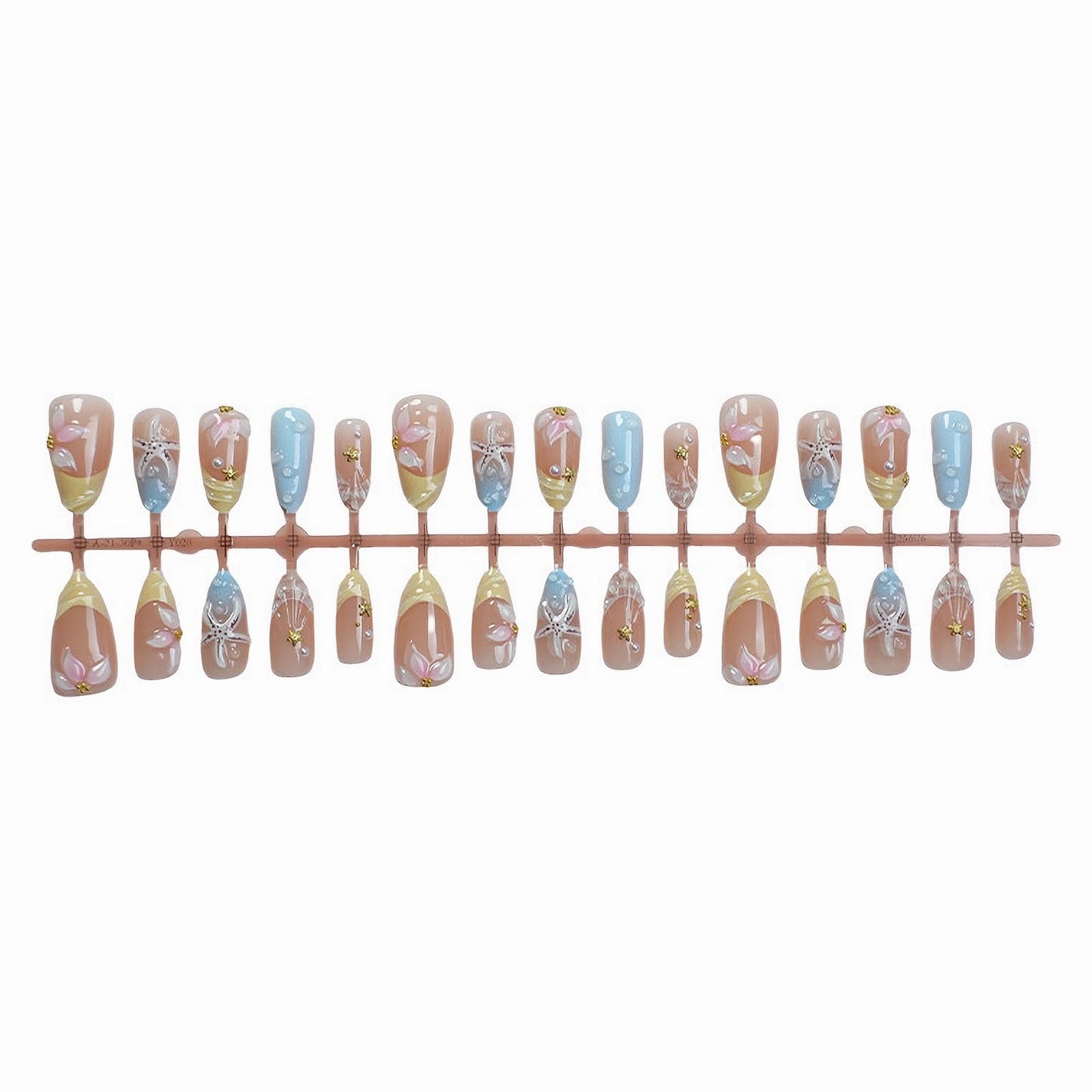 MISUD Press on Nails - Medium Almond Fake Nails with Summer Beach Acrylic Handmade 3D Flower Shell Design 30 pcs