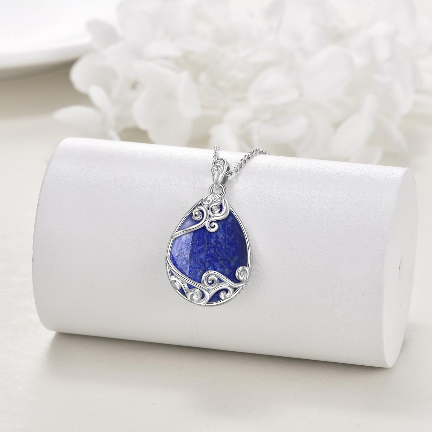 YAFEINI 925 Sterling Silver Lapis Lazuli Necklace Filigree Teardrop Pendant Necklace Jewellery for Women (P-Lapis Lazuli)