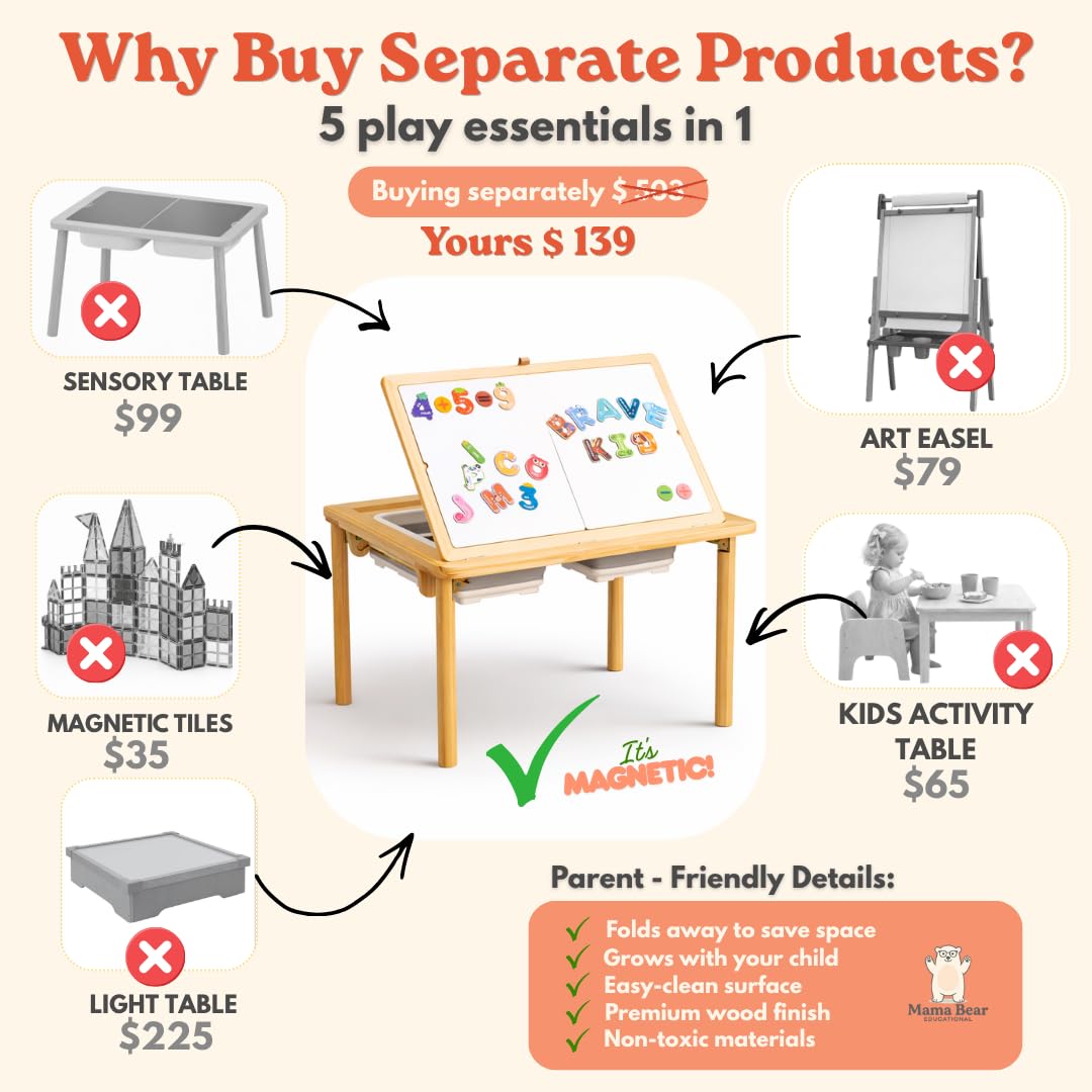 Mama Bear Educational Montessori Sensory Table & Art Easel for Kids & Toddlers | Folding Extendable Legs & Storage Bins, Magnetic Boards & Tiles, Light Box Included | Space-Saving Indoor/Outdoor Play