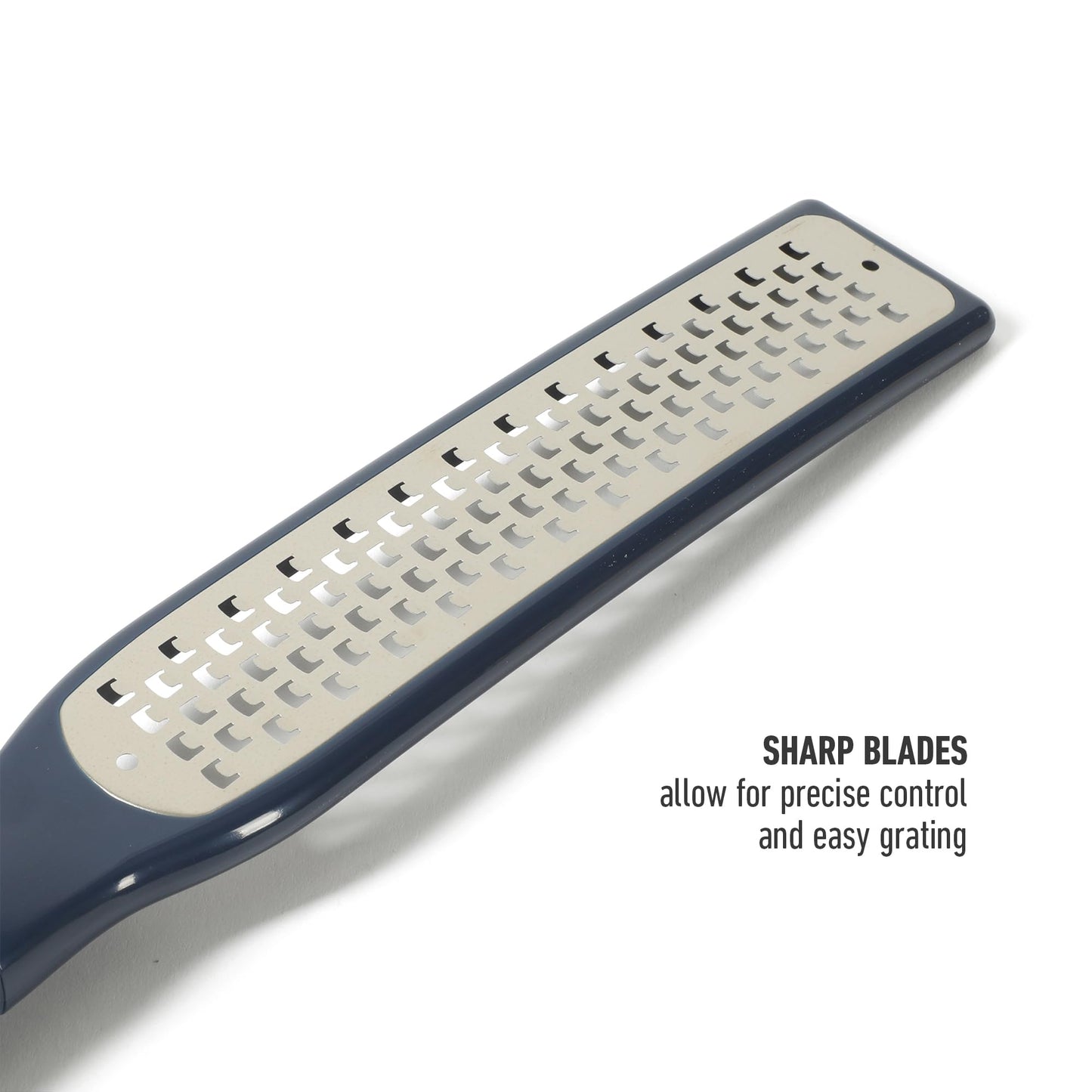 Calphalon Edge 2 Piece Stainless Steel Handheld Cheese Grater and Lemon Zester W/Covers & Rubber Handles - Navy Blue