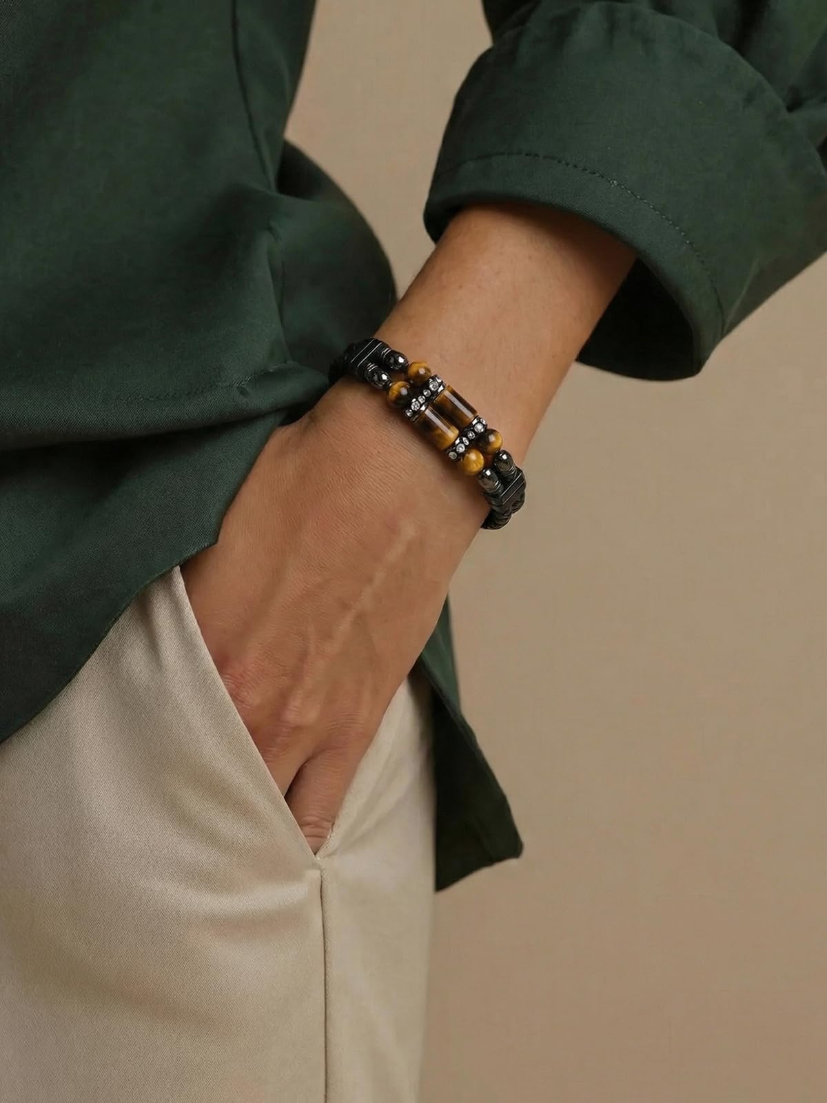 Mrcaois Leather Bracelet Tiger Eye Stone Braided Woven Multi‑Layer Wristband Cuff Bracelets Steel Clasp Bangle for Men Gifts