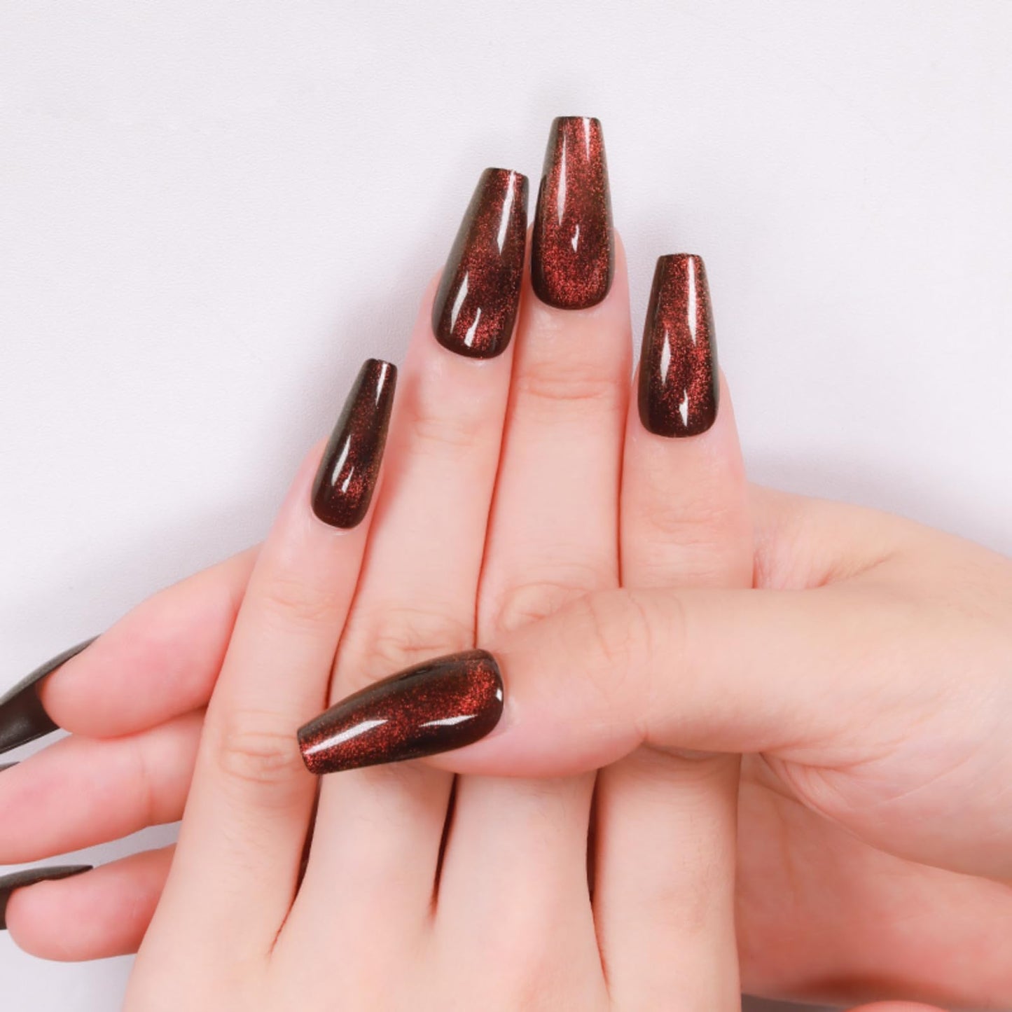 Gentle Claws Press On Nails - Dark Maroon | Dark Red Glitter Velvet, Medium Coffin Squared With Cat Eye Design for Women and Girls, 24 Pcs Reusable Red Fake Nails