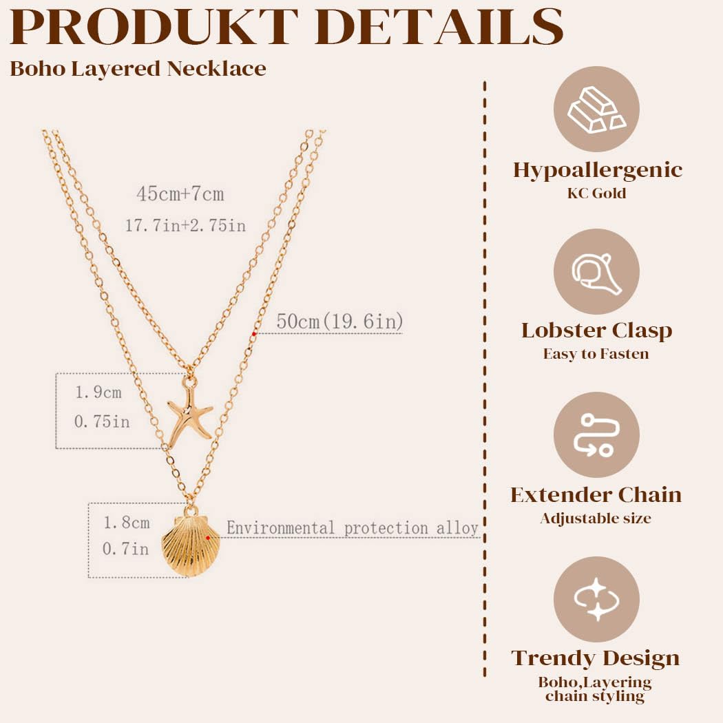 Yalice Starfish Layered Necklace Chain Boho Shell Pendant Necklaces Beach Surfer Costume Jewelry for Women (Gold)
