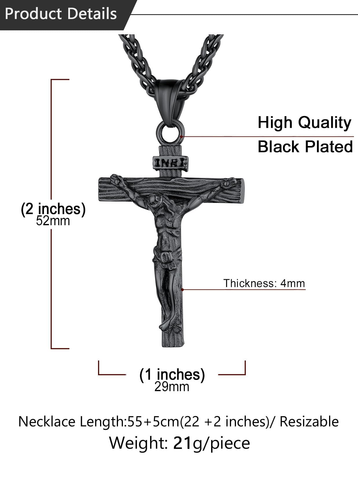 U7 Crucifix Cross Necklace Stainless Steel Crucifix Necklace Black Cross Pendant for Men with Rope Chain 22"(Black)