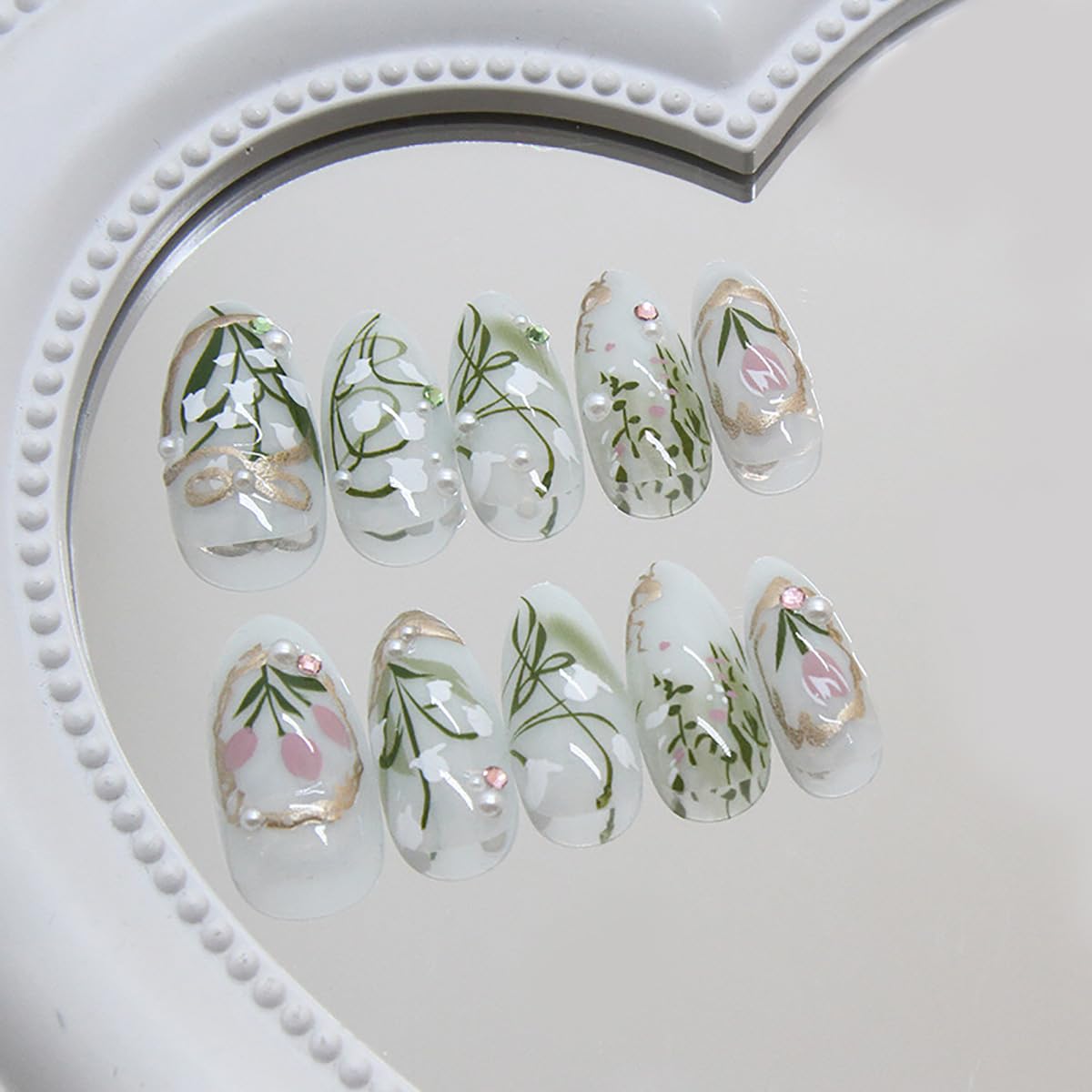 24Pcs Green Press on Nails Medium Almond Fake Nails 3D Pearl Rhinestones Glitter Designs Gold French Tips Flower Glue on Nails Spring False Nails Full Cover Stick on Nails for Women Acrylic Nails