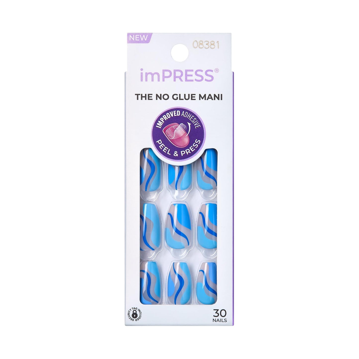 KISS Impress No Glue Mani 30 Pcs Press on Nails, Medium Coffin Design Nail, Dynamic Blue Print, Simple Peel & Press Easy Apply, Hassle-Free Removal, Essential Tools Included