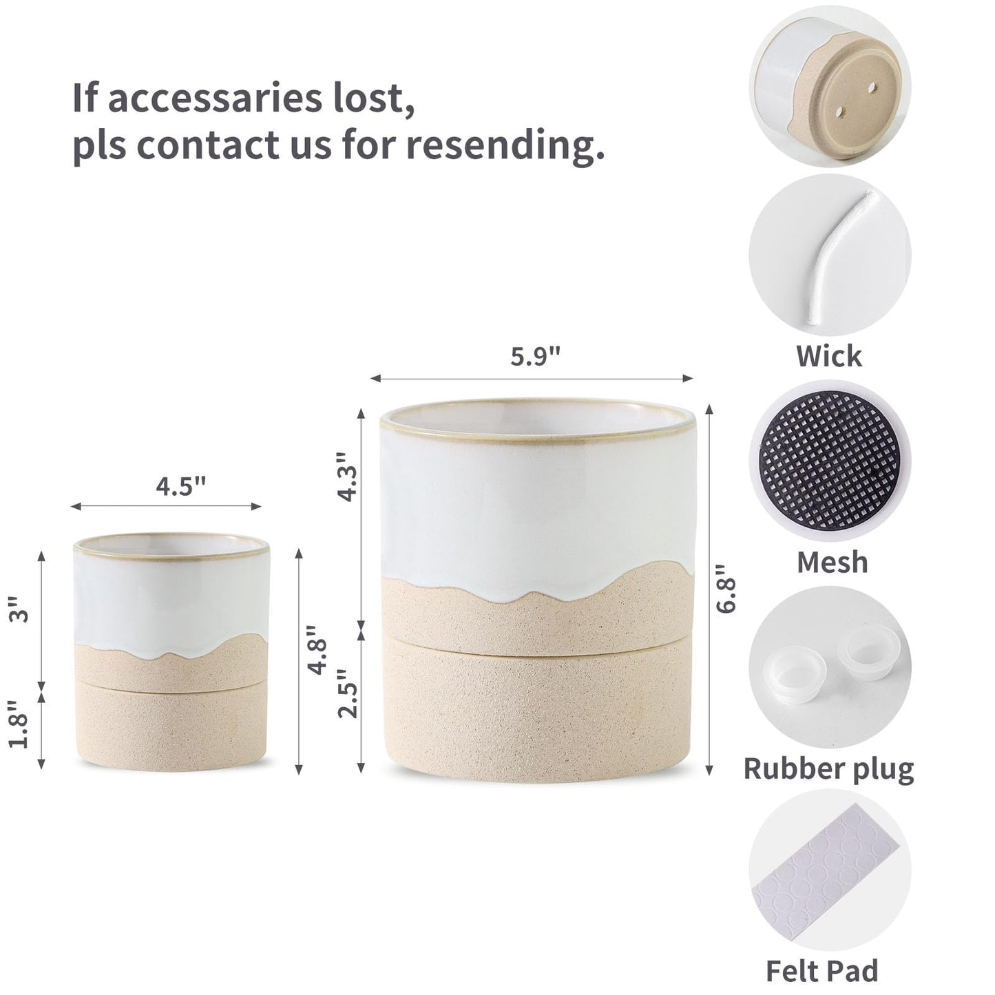 Nihow Self Watering Plant Pot for Indoor Plants: 4.5+6 Inch Ceramic Planter with Drainage Hole & Water Storage Plus - Cylinder Flower Pot with Wick for Herbs -White & Nature