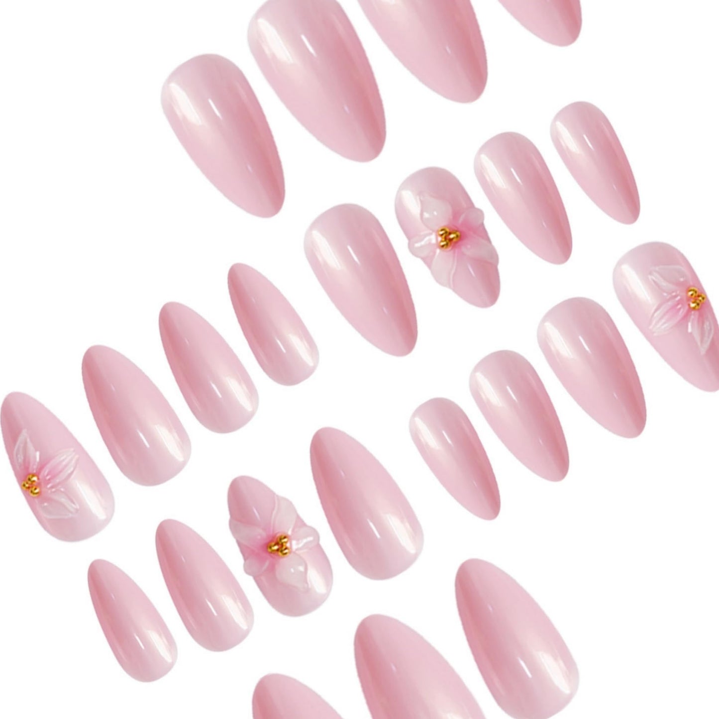 SEENEEY Almond Press on Nails Long Fake Nails Pink Floral Stick on Nail for Women 24pcs